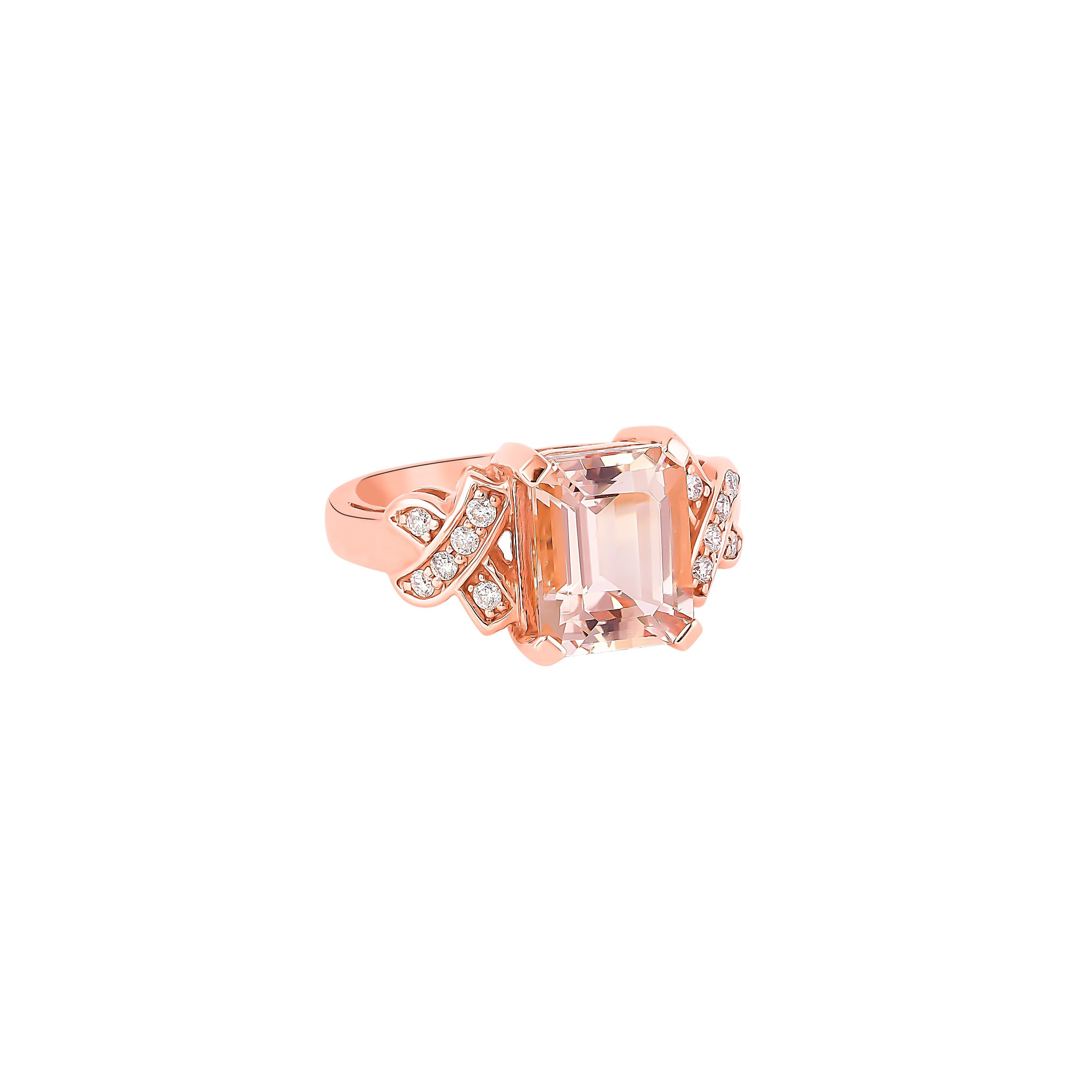 This collection features an array of magnificent morganites! Accented with Diamond these rings are made in rose gold and present a classic yet elegant look. 

Classic morganite ring in 18K Rose gold with Diamond. 

Morganite: 3.58 carat, 10X8mm