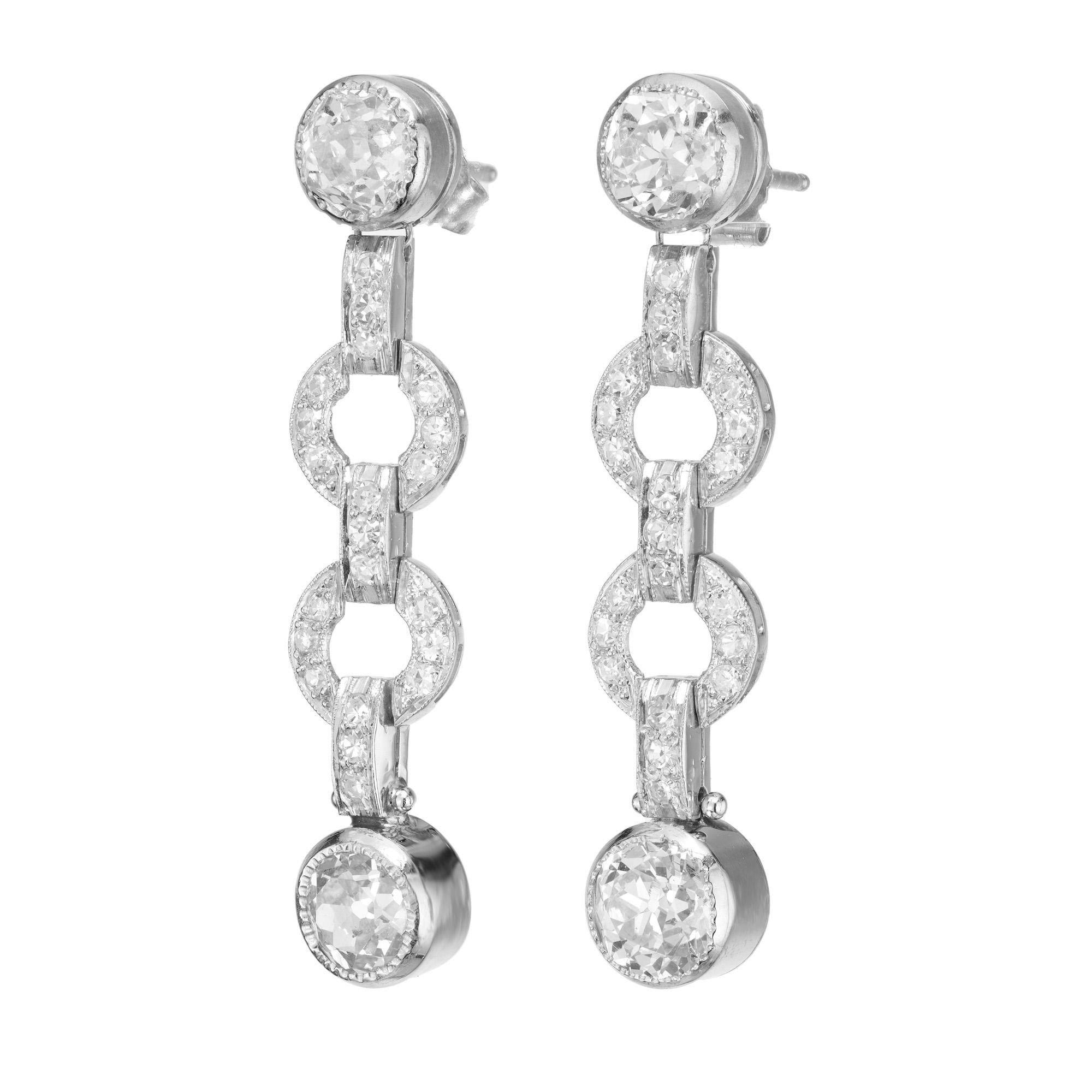 Experience the timeless elegance of the early 1900's with our 3.58 carat Old European cut diamond bezel platinum dangle earrings. Set with 4 bright old European cut diamonds which are connected together by oval and round diamond links. Each old
