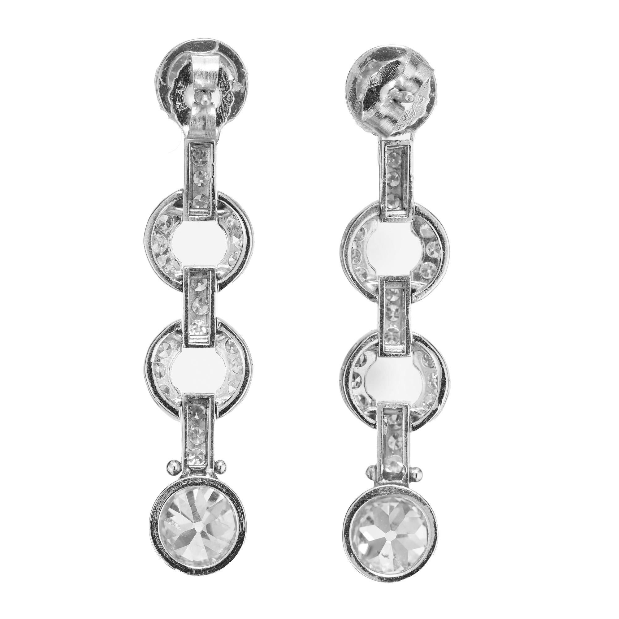 Round Cut 3.58 Carat Old European Cut Diamond Bezel Platinum Dangle Earrings For Sale