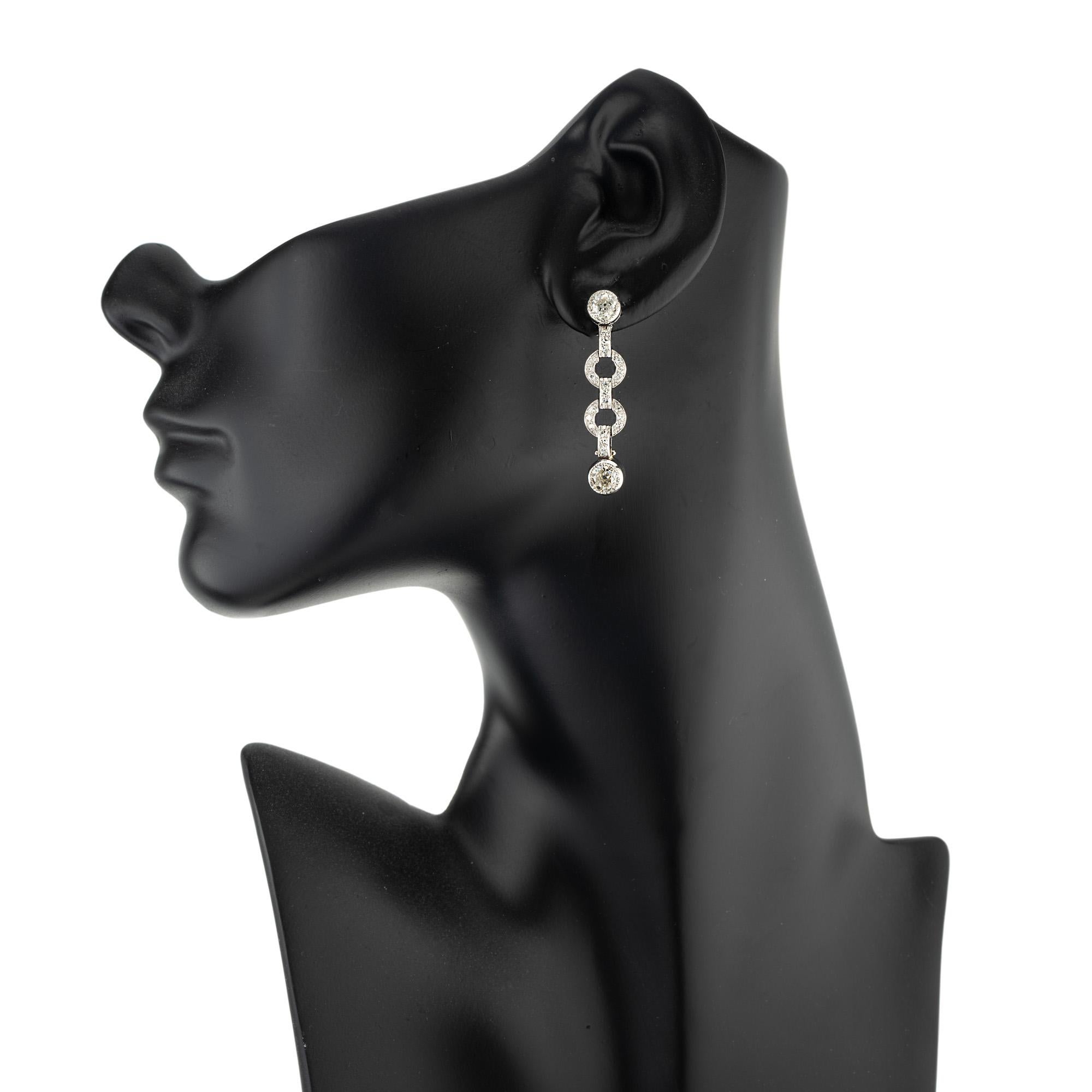 3.58 Carat Old European Cut Diamond Bezel Platinum Dangle Earrings For Sale 1