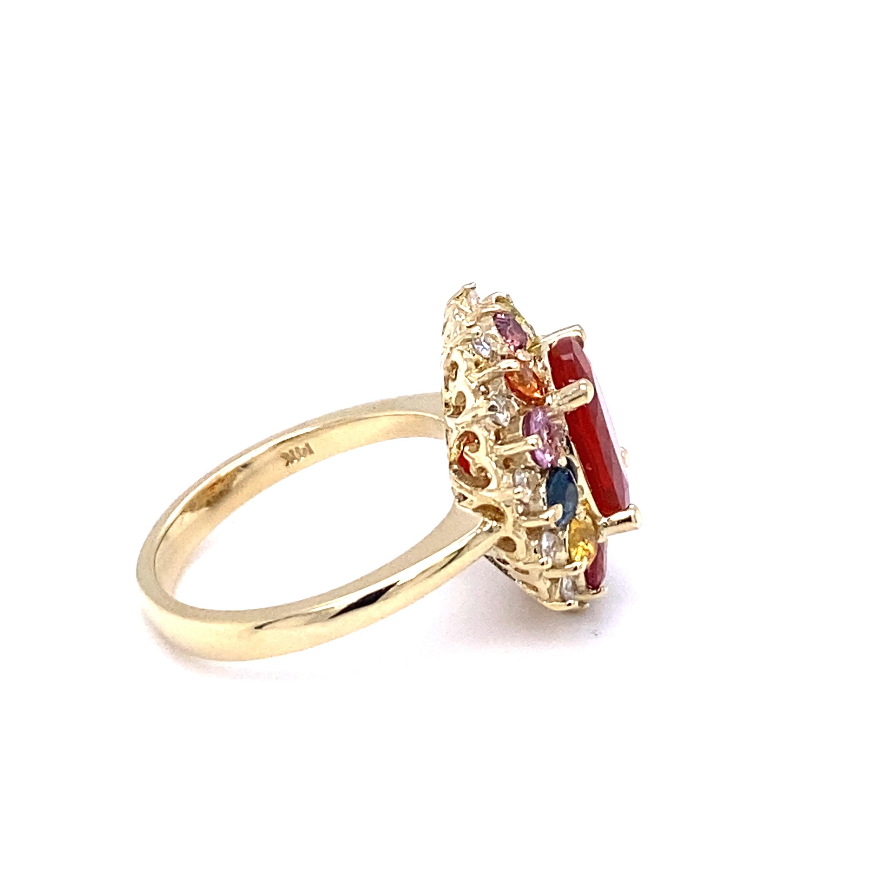 Women's 3.58 Carat Oval Cut Fire Opal Sapphire Diamond 14 Karat Yellow Gold Ring