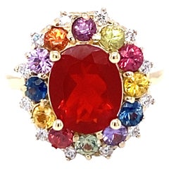 3.58 Carat Oval Cut Fire Opal Sapphire Diamond 14 Karat Yellow Gold Ring