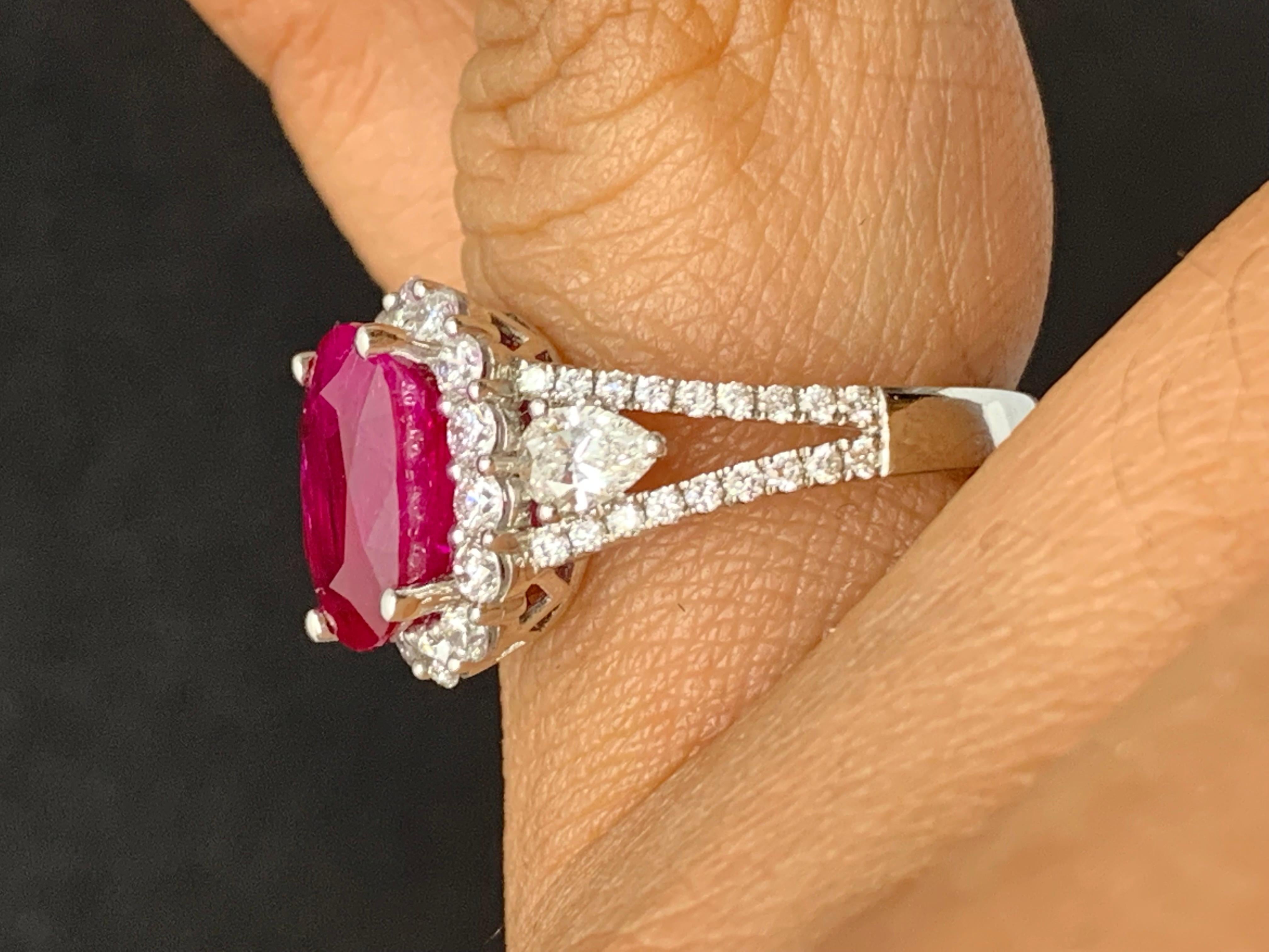 3.58 Carat Oval Cut Ruby and Diamond Halo Ring in 18K White Gold For Sale 5