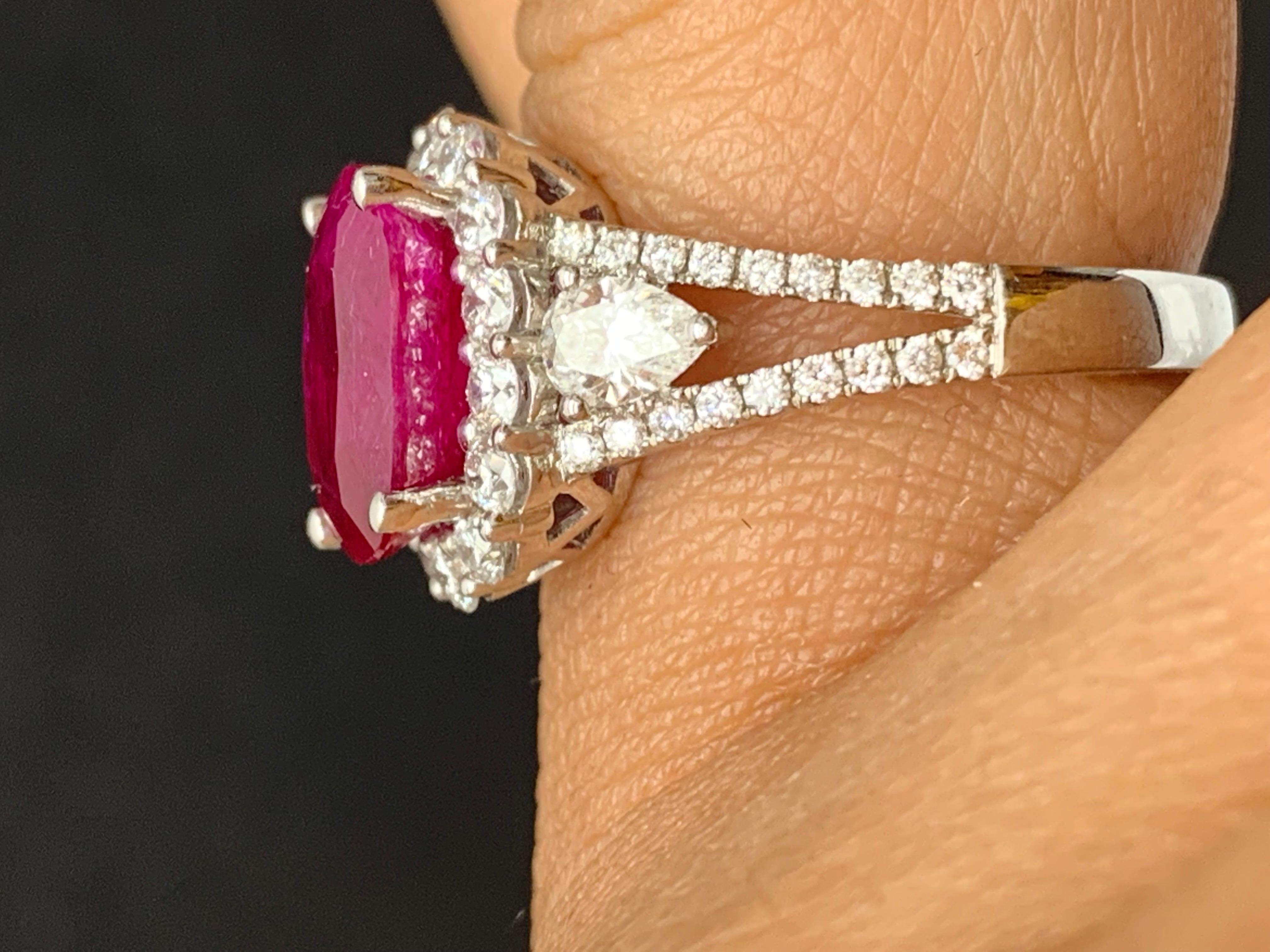 3.58 Carat Oval Cut Ruby and Diamond Halo Ring in 18K White Gold For Sale 6