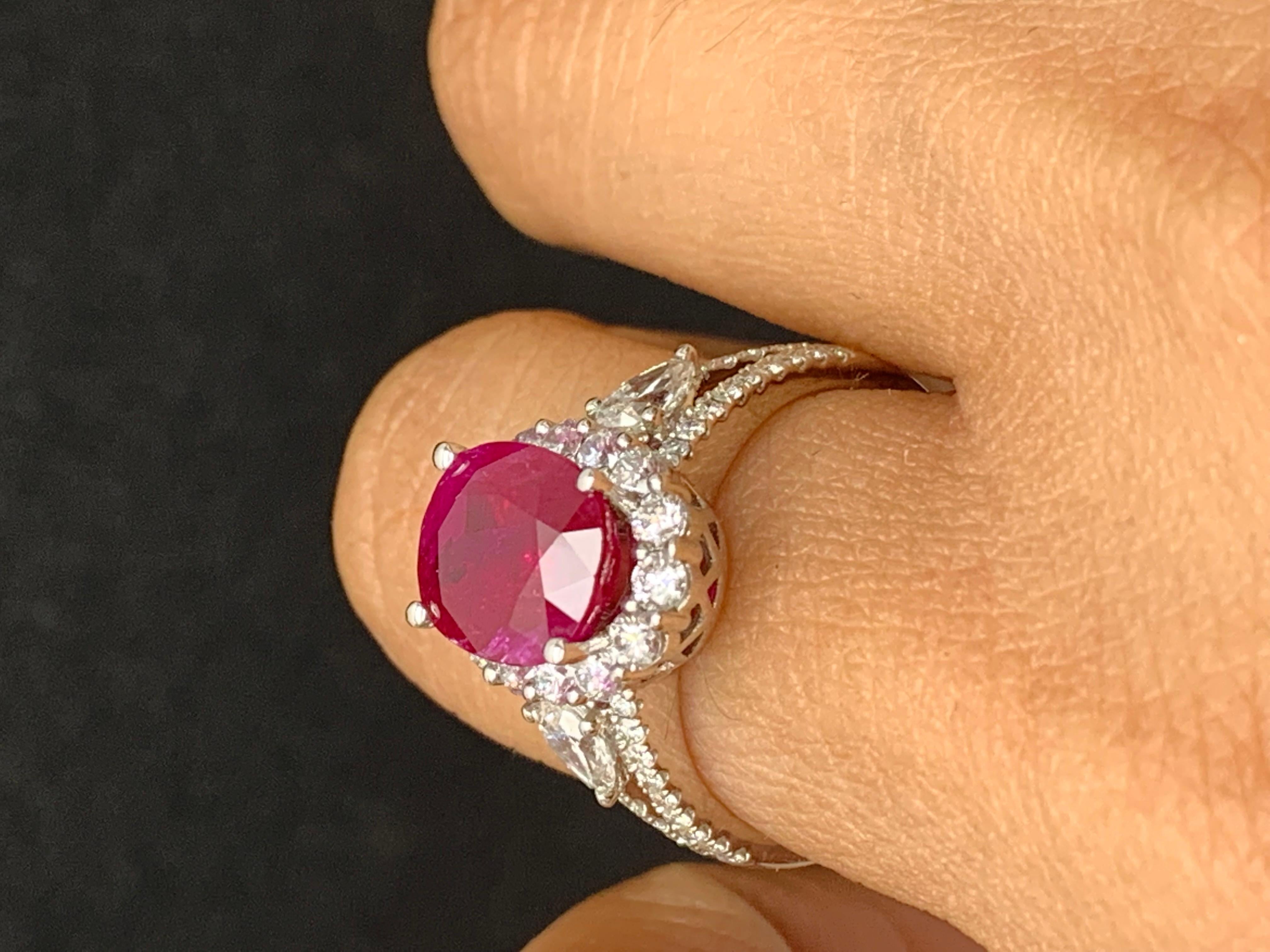 3.58 Carat Oval Cut Ruby and Diamond Halo Ring in 18K White Gold For Sale 7