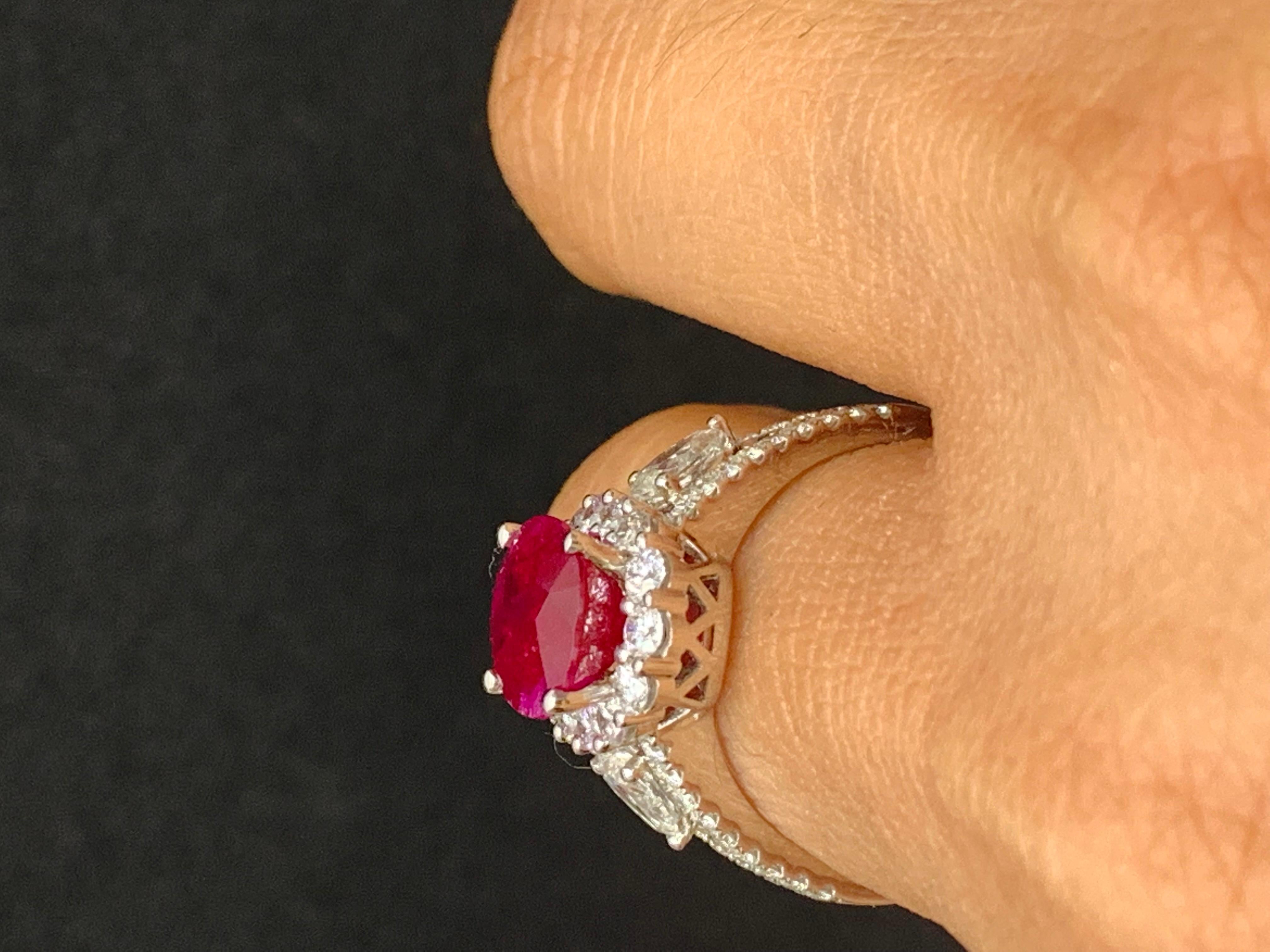 3.58 Carat Oval Cut Ruby and Diamond Halo Ring in 18K White Gold For Sale 8
