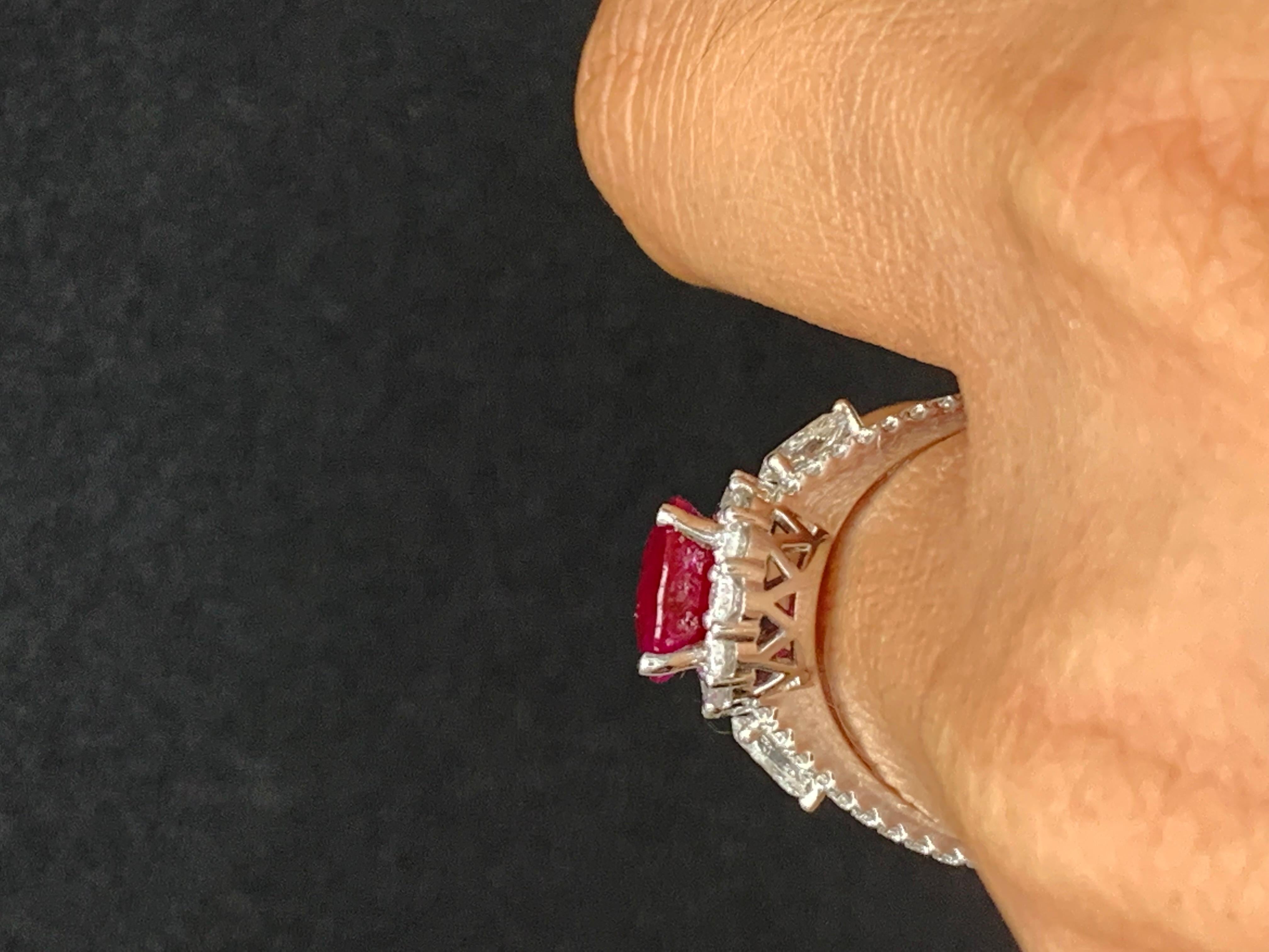 3.58 Carat Oval Cut Ruby and Diamond Halo Ring in 18K White Gold For Sale 9