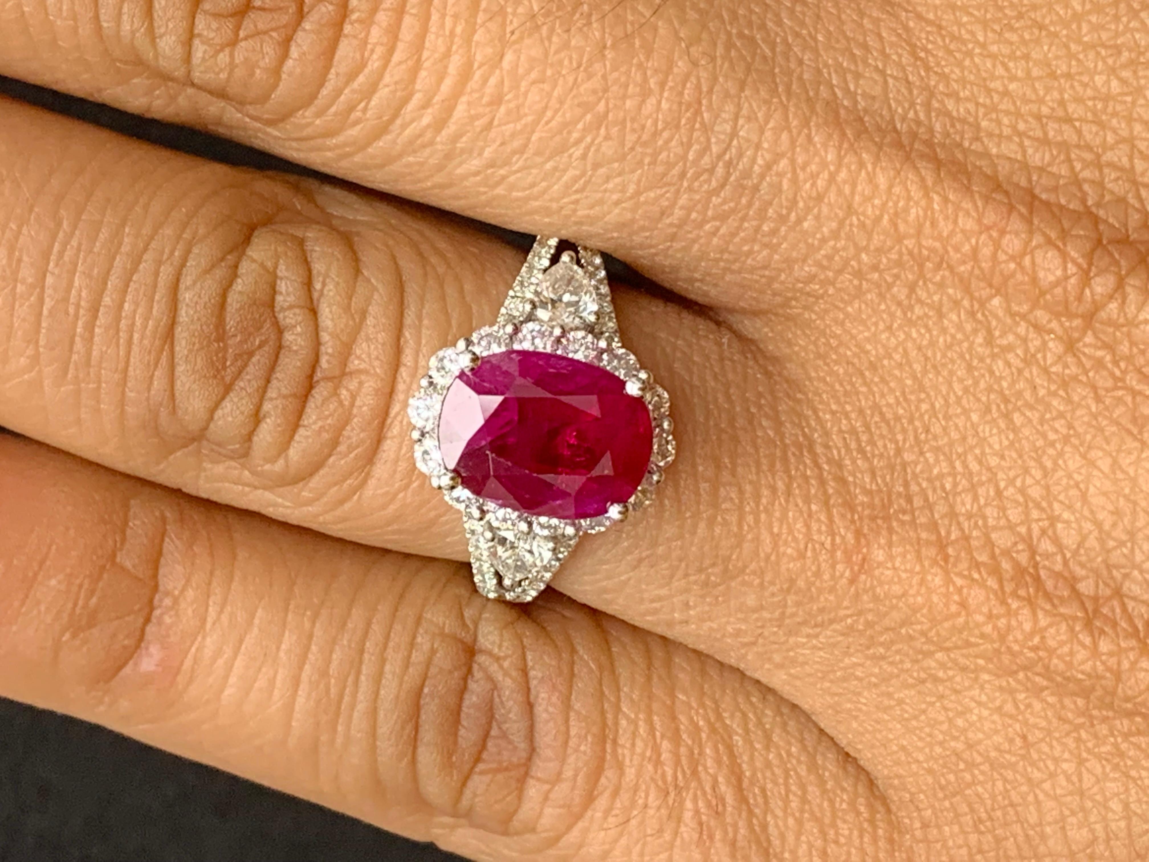 3.58 Carat Oval Cut Ruby and Diamond Halo Ring in 18K White Gold For Sale 10