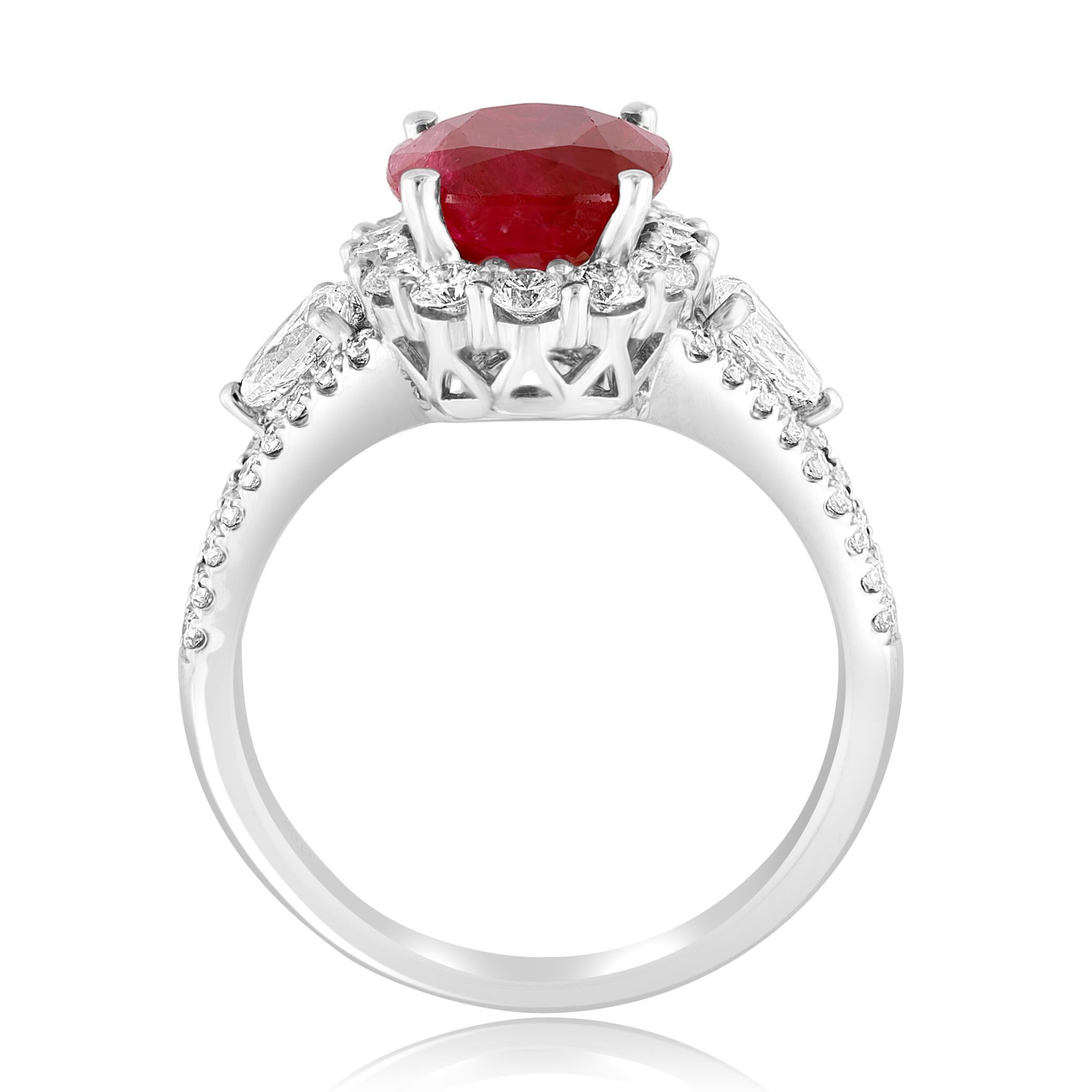 Modern 3.58 Carat Oval Cut Ruby and Diamond Halo Ring in 18K White Gold For Sale