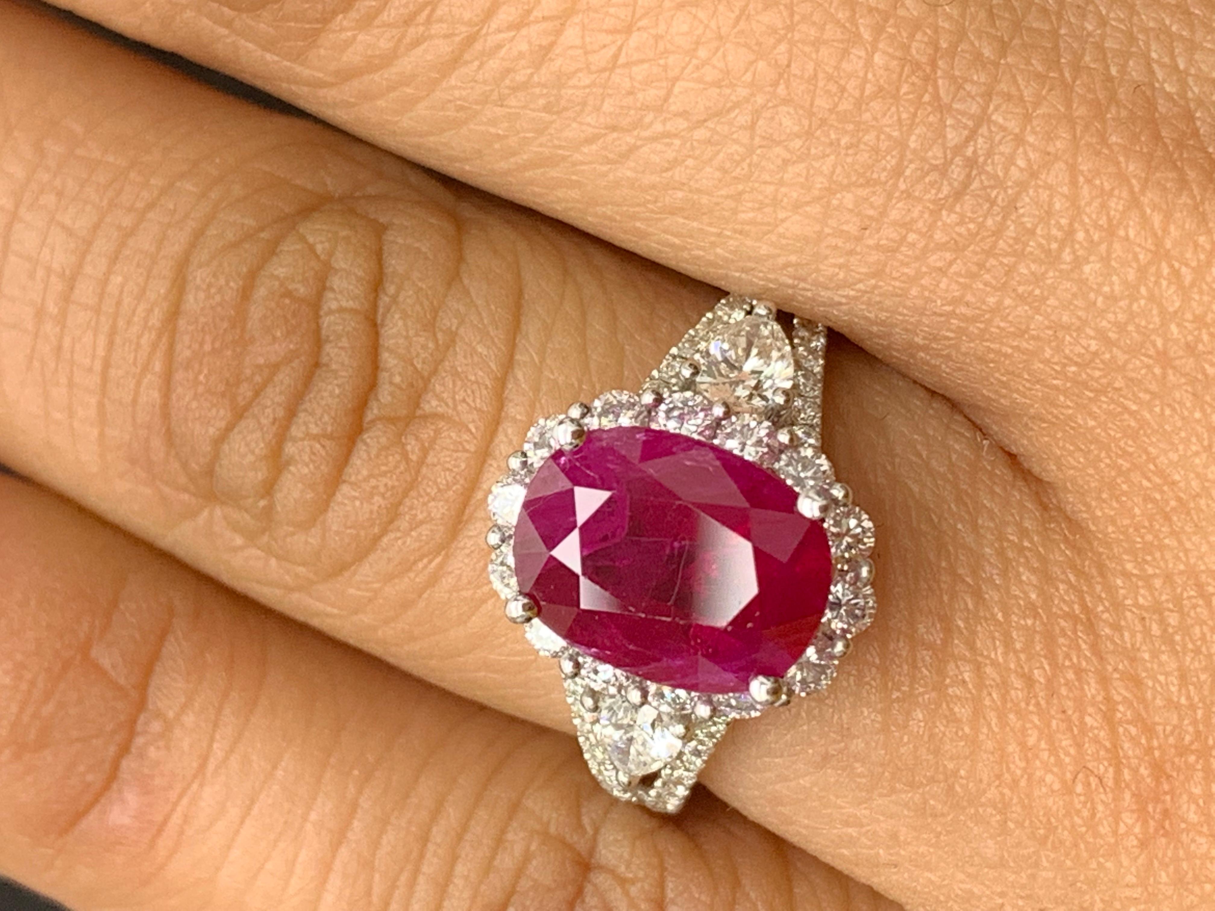 Women's 3.58 Carat Oval Cut Ruby and Diamond Halo Ring in 18K White Gold For Sale