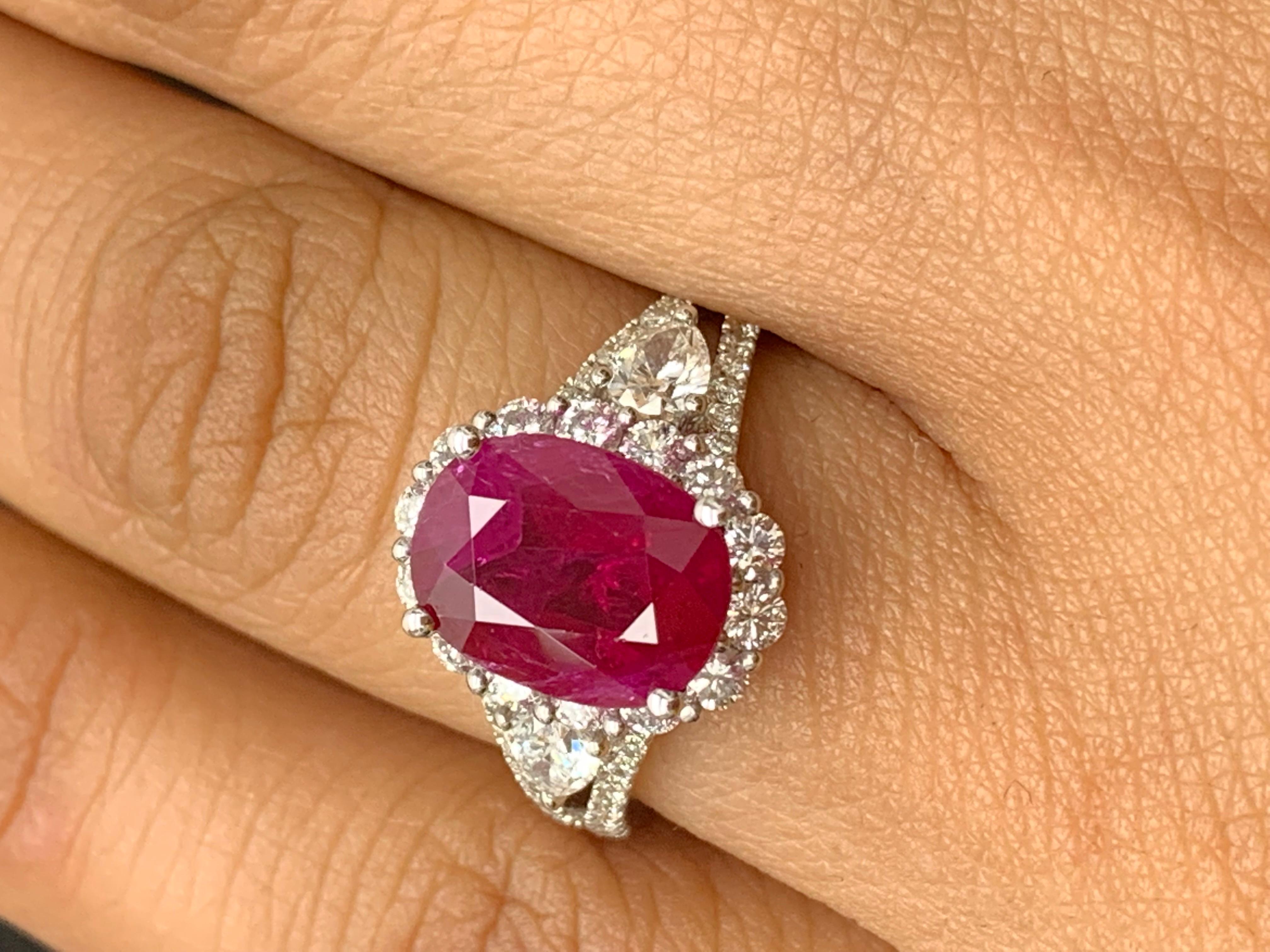 3.58 Carat Oval Cut Ruby and Diamond Halo Ring in 18K White Gold For Sale 1