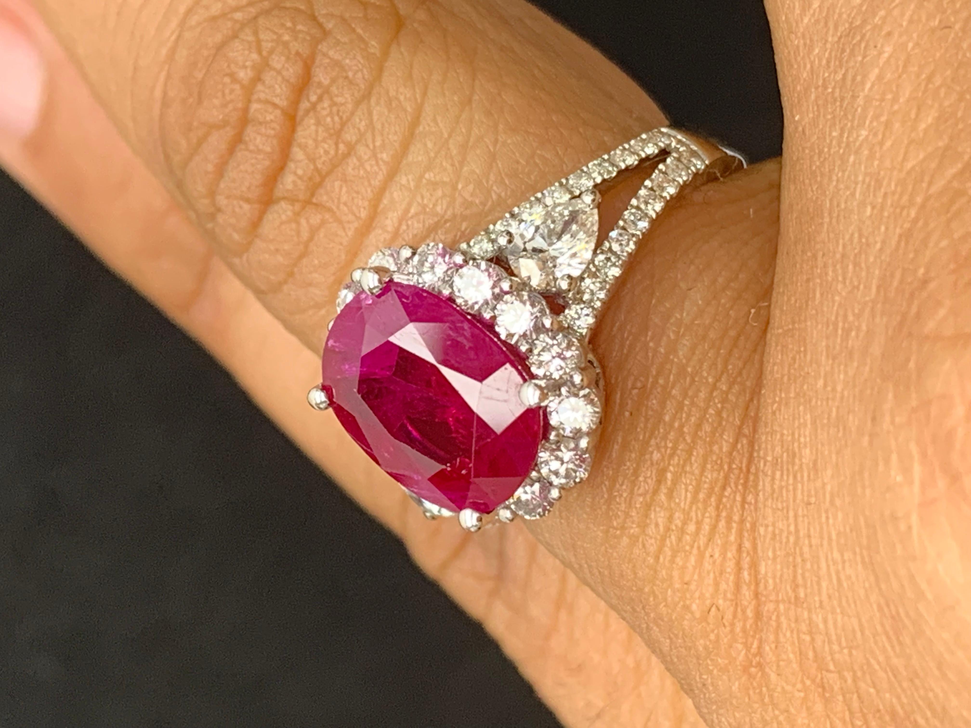 3.58 Carat Oval Cut Ruby and Diamond Halo Ring in 18K White Gold For Sale 2