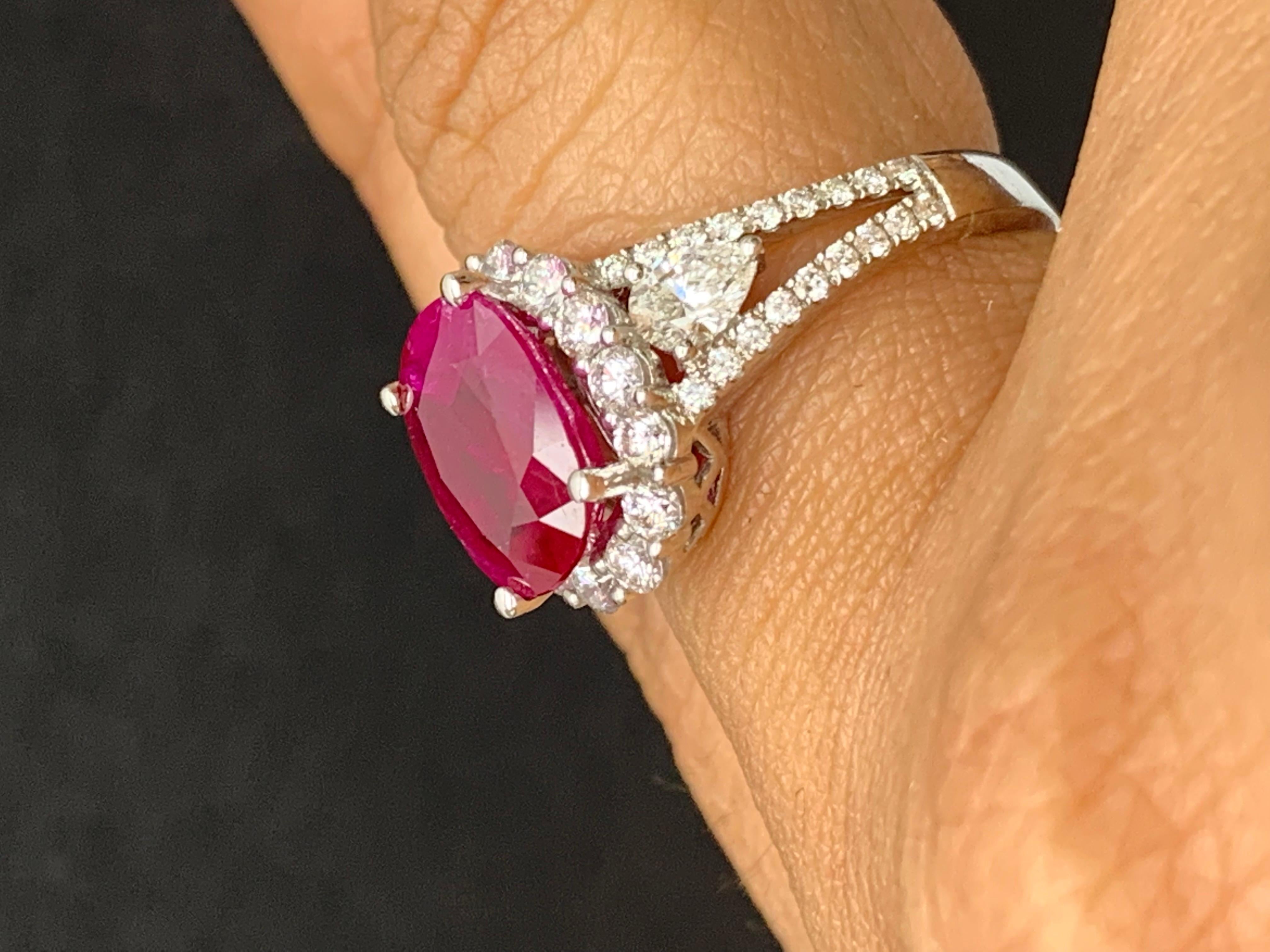 3.58 Carat Oval Cut Ruby and Diamond Halo Ring in 18K White Gold For Sale 3