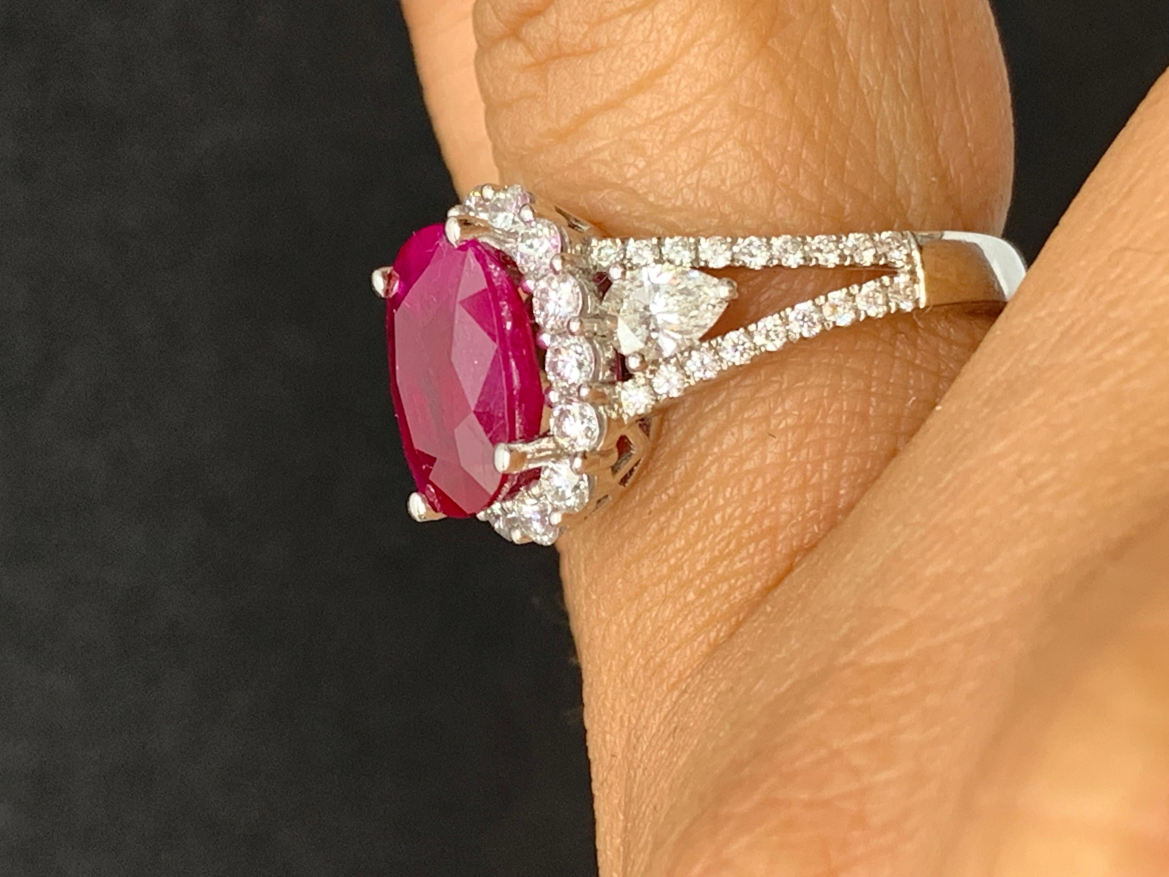 3.58 Carat Oval Cut Ruby and Diamond Halo Ring in 18K White Gold For Sale 4