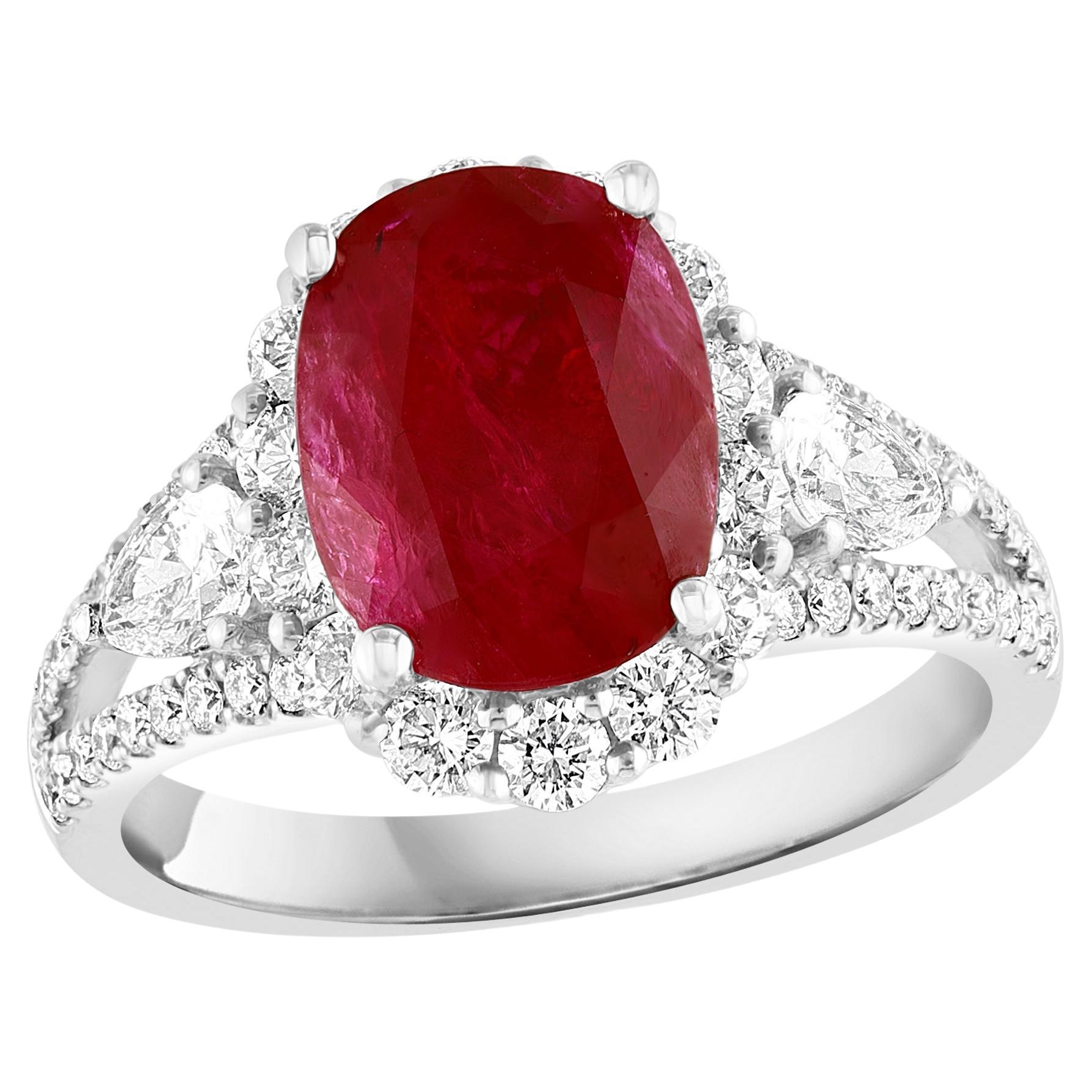 3.58 Carat Oval Cut Ruby and Diamond Halo Ring in 18K White Gold For Sale