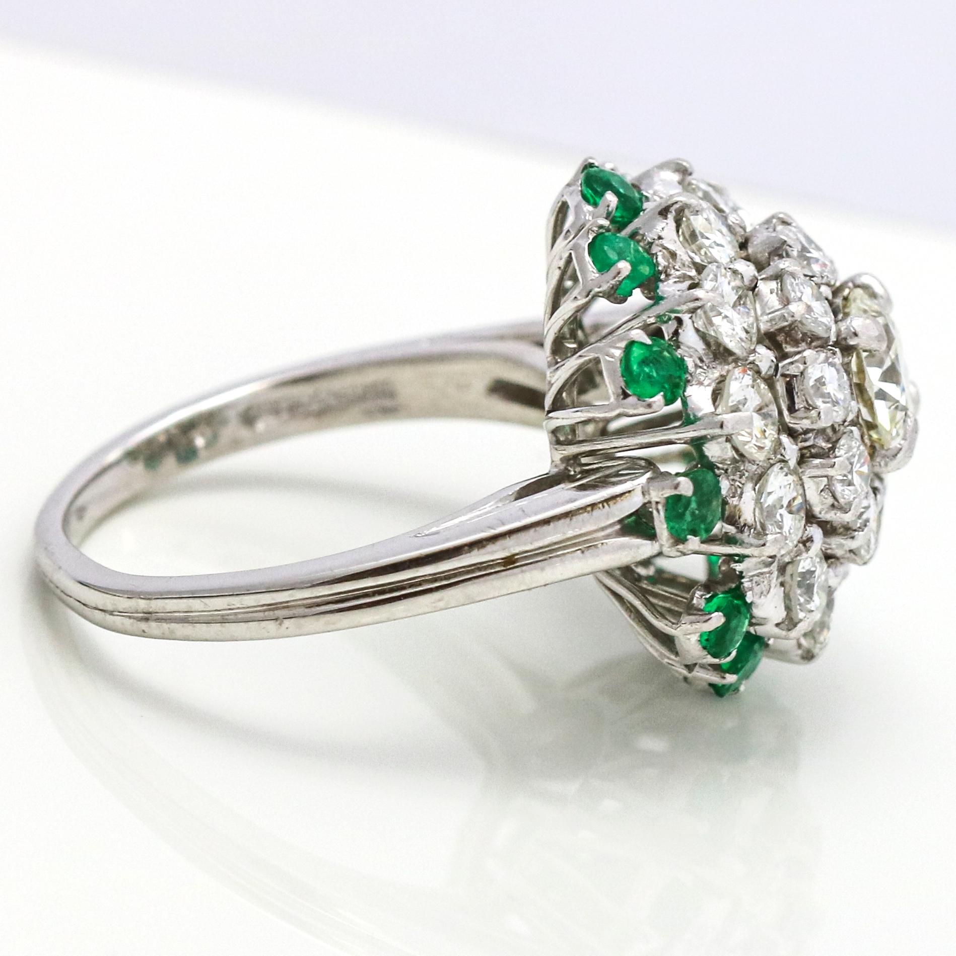 Retro 3.58 Carat Platinum Diamond Emerald Cluster Ring For Sale