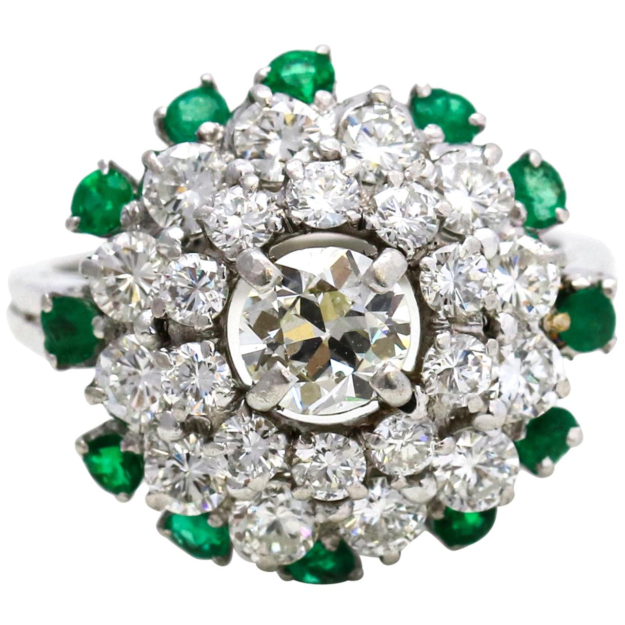 3.58 Carat Platinum Diamond Emerald Cluster Ring For Sale