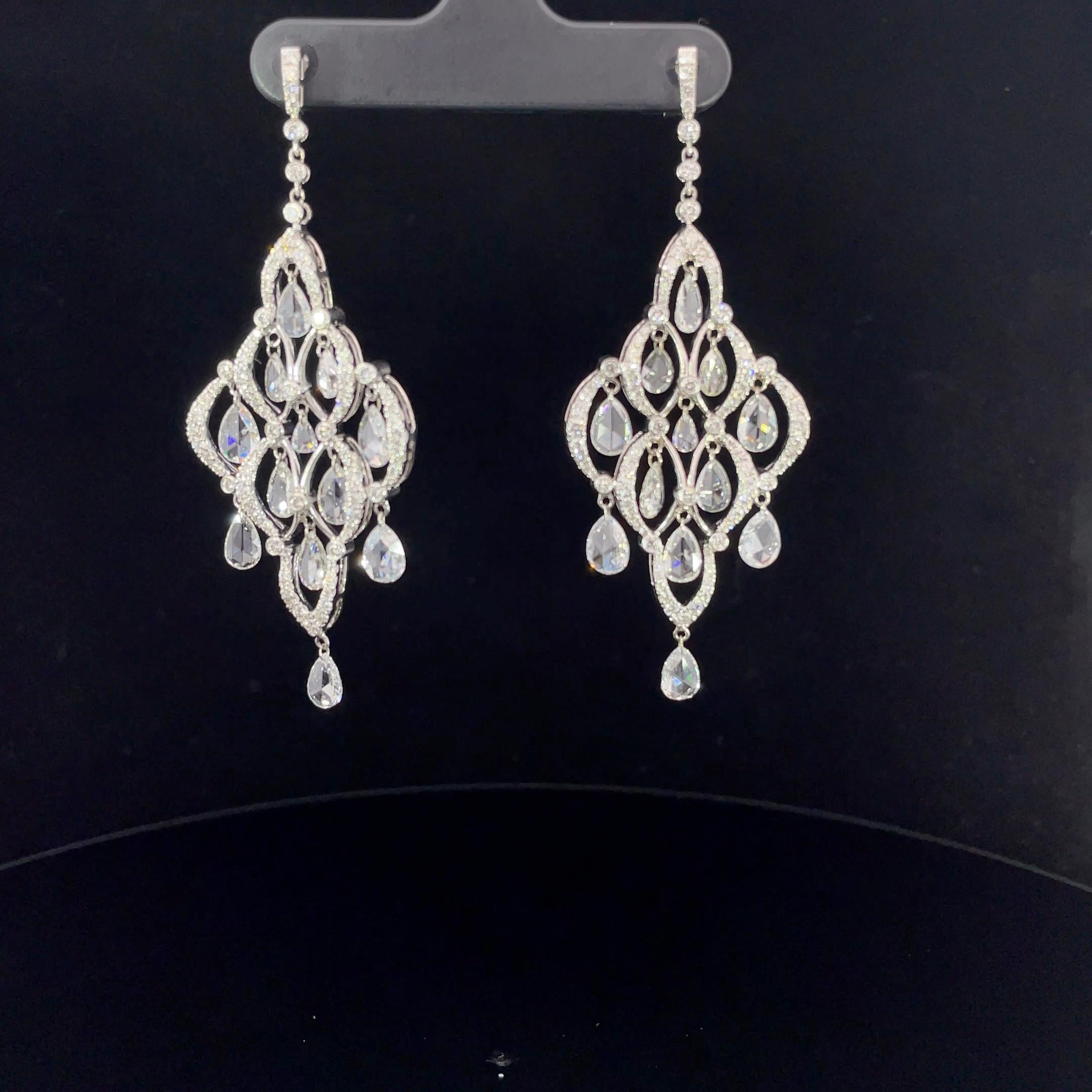 3.58 Carat Rose Cut 1.58 Carat Round Diamond Drop Earrings 18K Gold For Sale 2