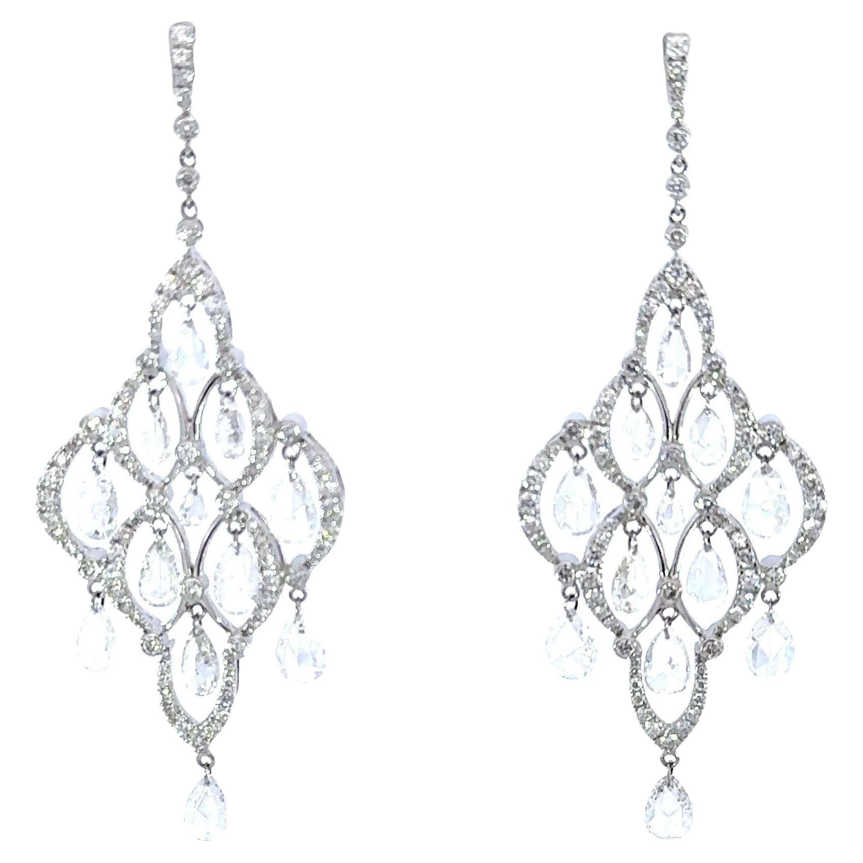 3.58 Carat Rose Cut 1.58 Carat Round Diamond Drop Earrings 18K Gold For Sale