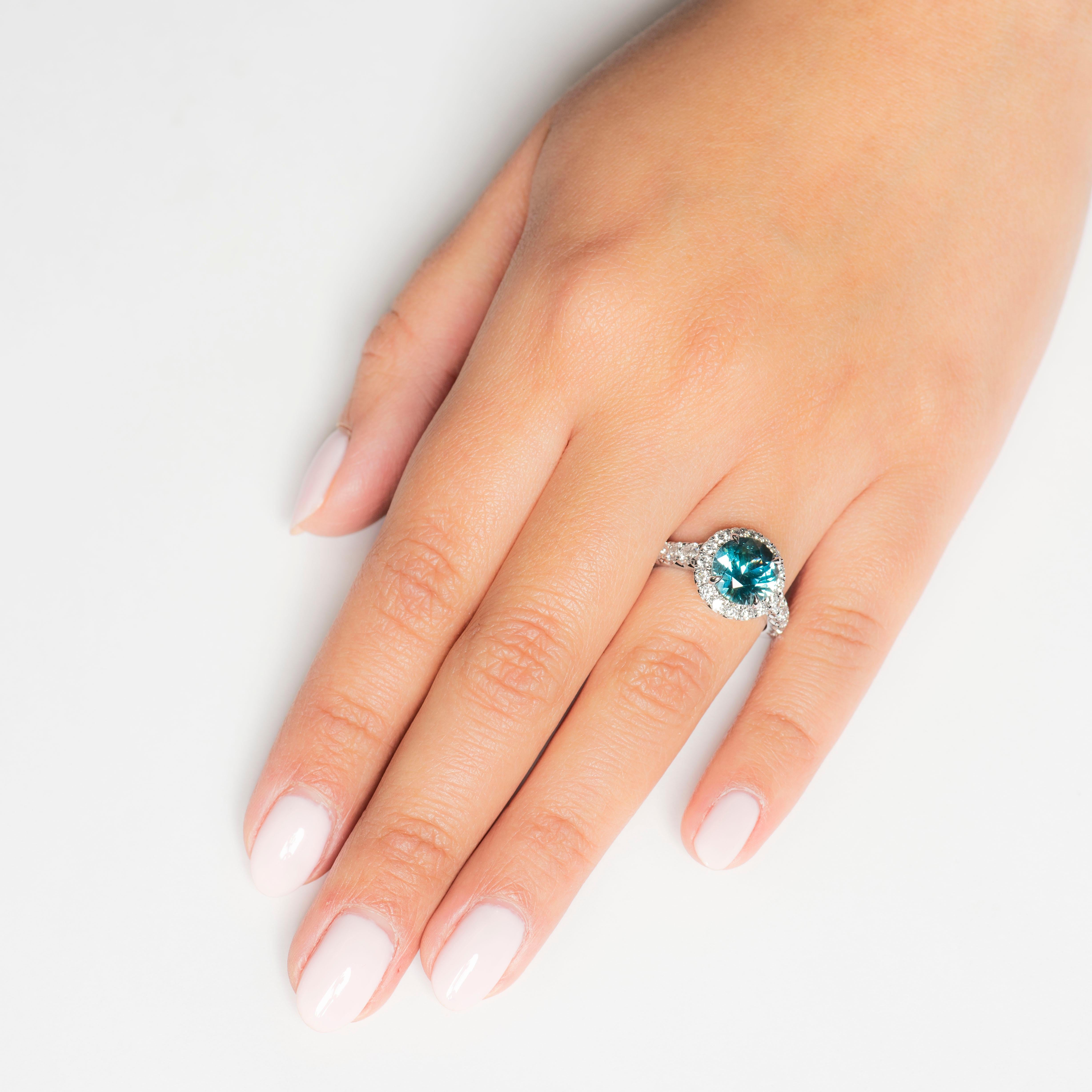 Round Cut 3.58 Carat Round Green-Blue Montana Sapphire 'AGL' and Diamond Engagement Ring