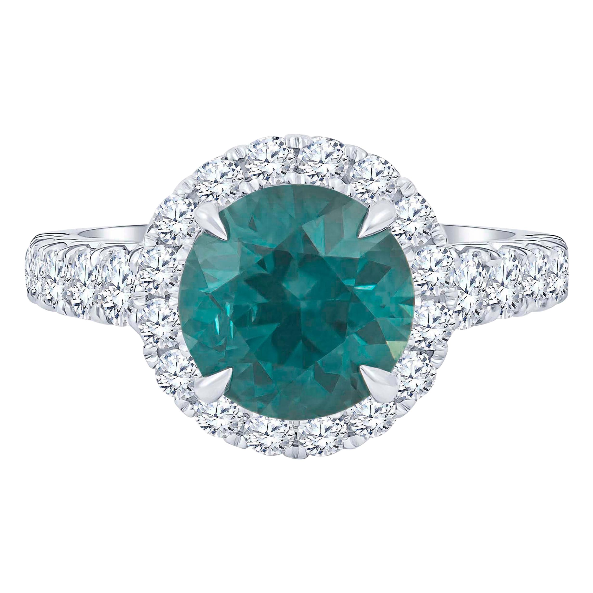 3.58 Carat Round Green-Blue Montana Sapphire 'AGL' and Diamond Engagement Ring