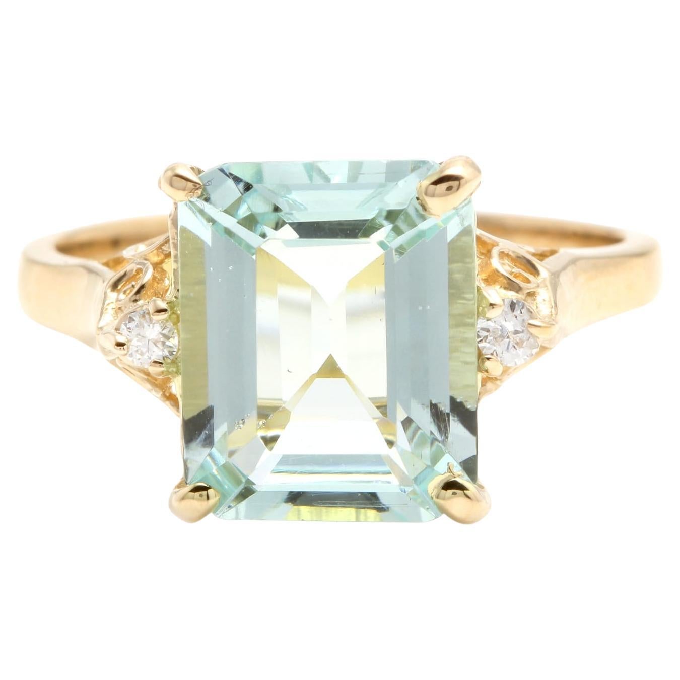 3,58 Quilates Impresionante Anillo de Aguamarina Natural y Diamante en Oro Amarillo de 14K