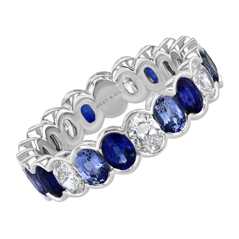 3.58 tcw Blue Sapphire and Diamond Oval Eternity Band For Sale