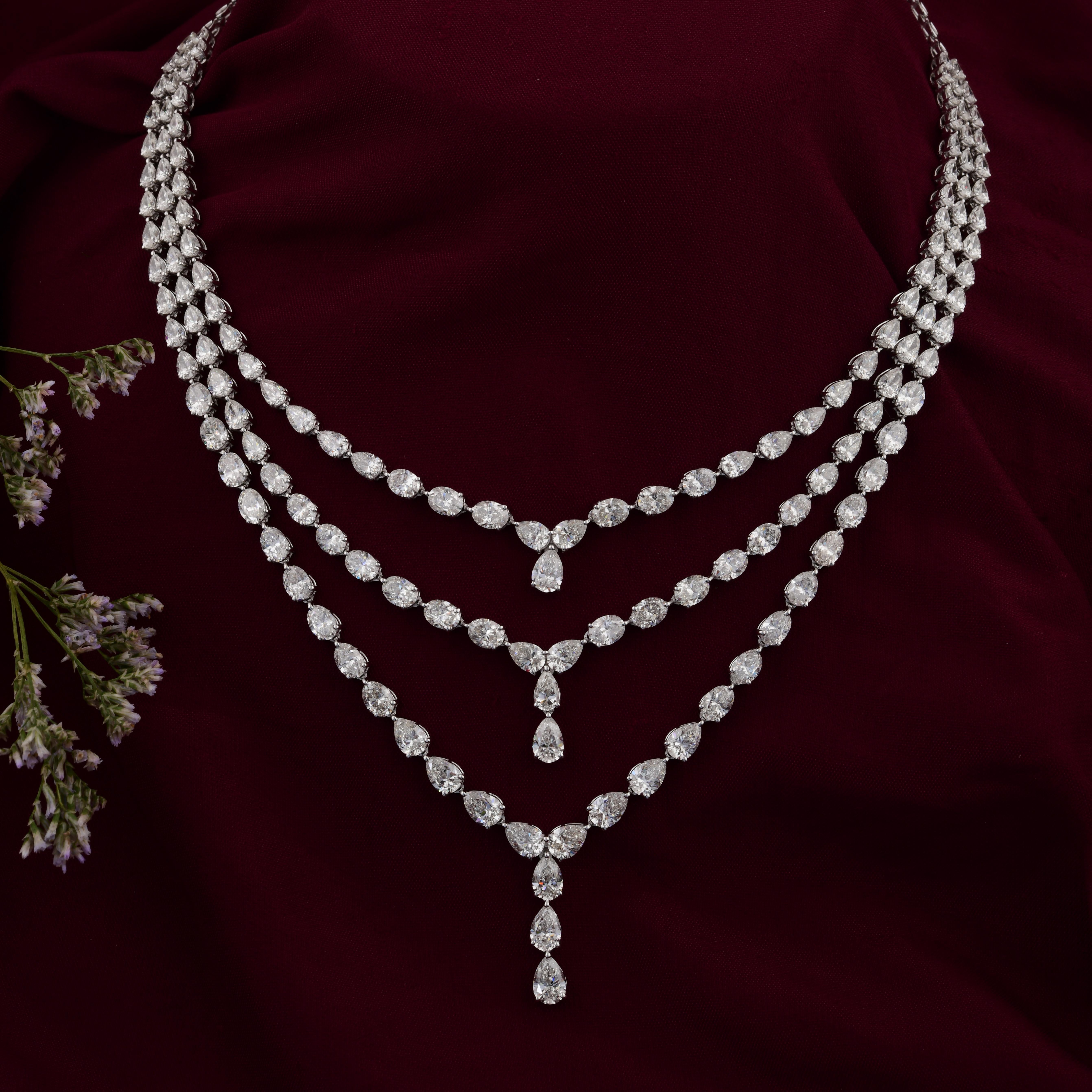 Pear Cut 35.80 Carat Oval Pear Brilliant Cut Diamond Necklace 18 Karat White Gold Jewelry For Sale