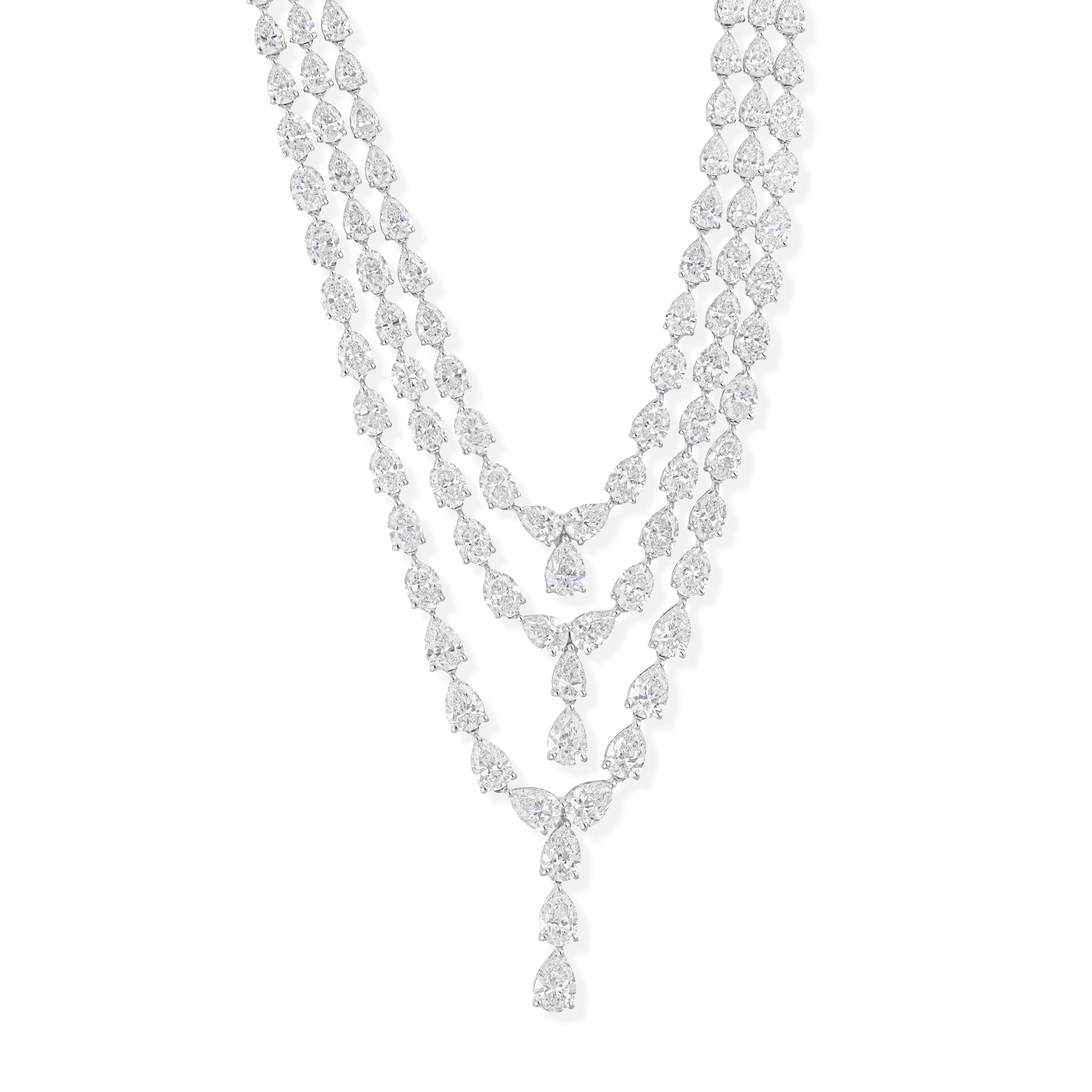 Modern 35.80Ct Triple Layer Pear & Round Cut Bridal Diamond Necklace 14K Solid Gold For Sale