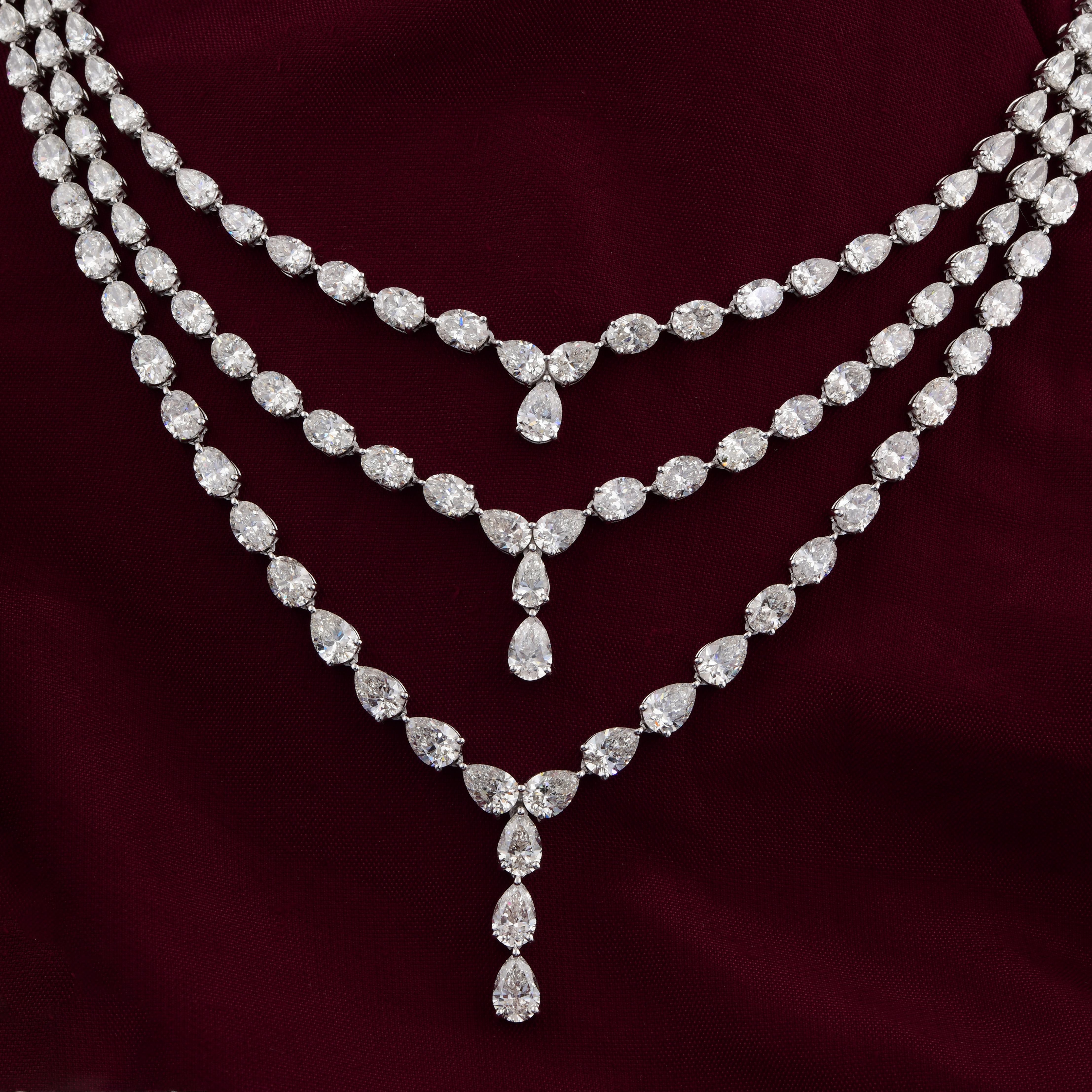 Mixed Cut 35.80Ct Triple Layer Pear & Round Cut Bridal Diamond Necklace 14K Solid Gold For Sale