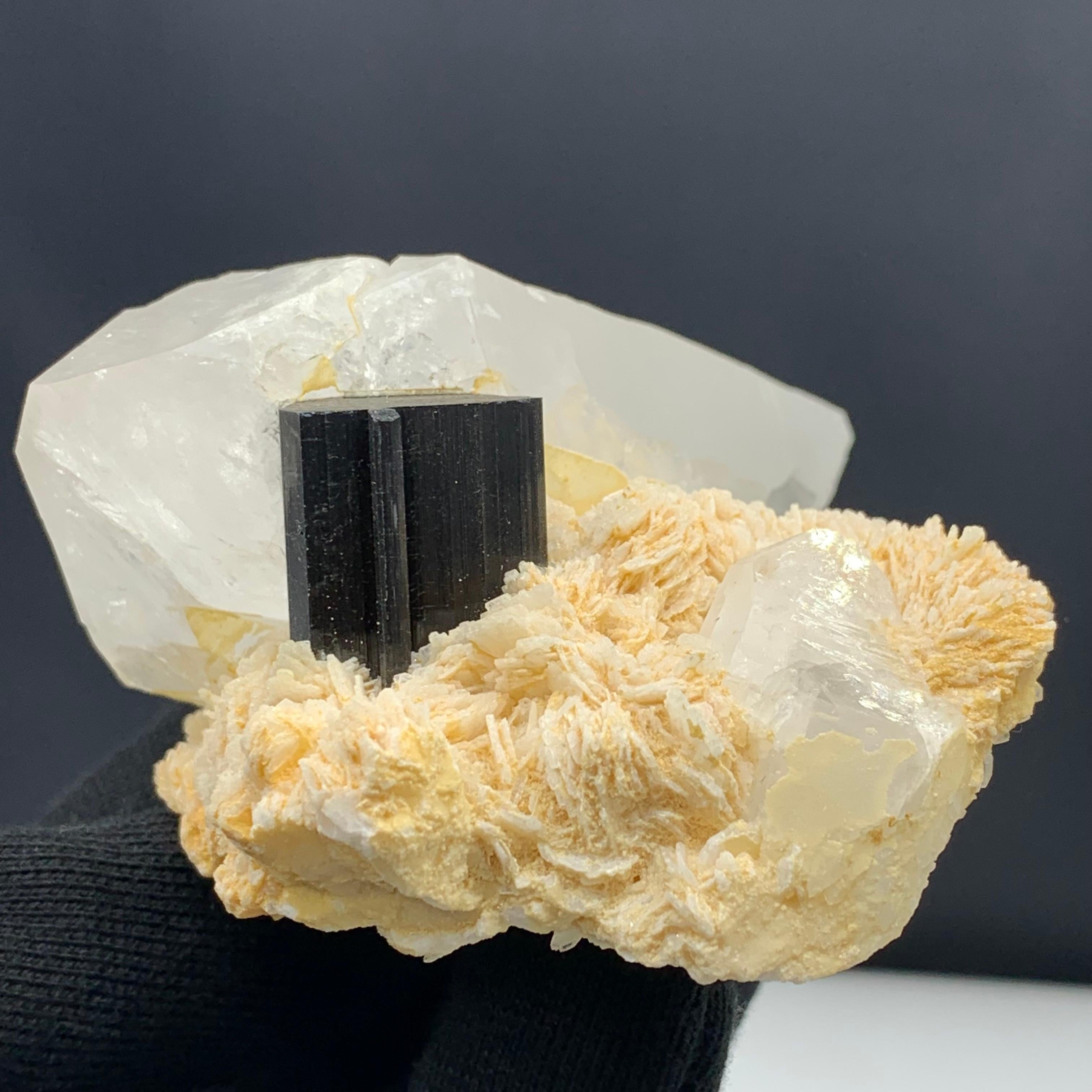 358.33 Gram Black Tourmaline Specimen with Quartz And Mica From Afghanistan 
Weight : 358.33 Gram
Dimension : 4.5 x 6.2 x 11.7 Cm
Origin: kunar, Afghanistan 

Tourmaline is a crystalline silicate mineral group in which boron is compounded with