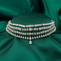35.84 Ct Multi-Row Diamond Choker Necklace Marquise Pear Pendant 18K White Gold