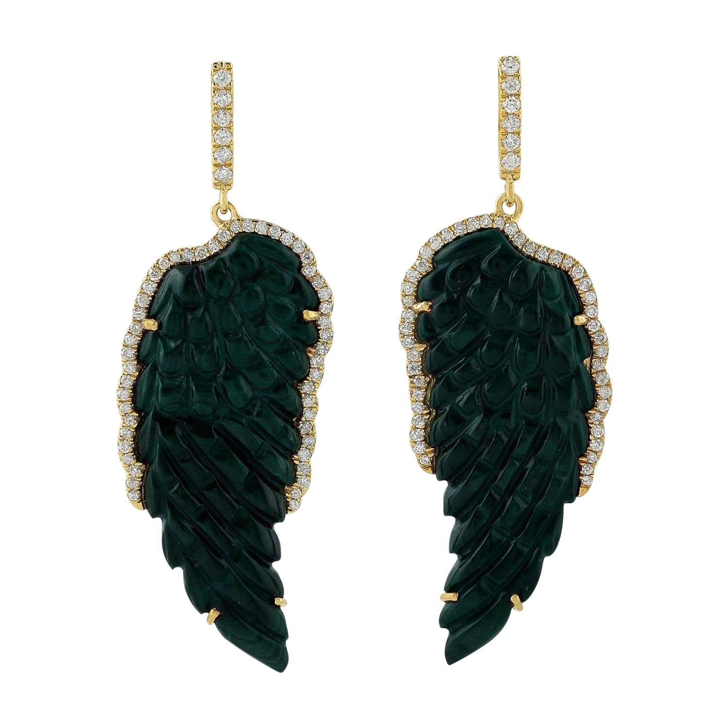 Malachite Diamond 18 Karat Gold Feather Earrings For Sale