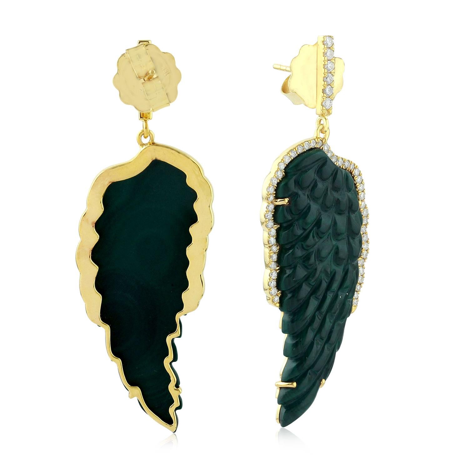Modern Malachite Diamond 18 Karat Gold Feather Earrings For Sale