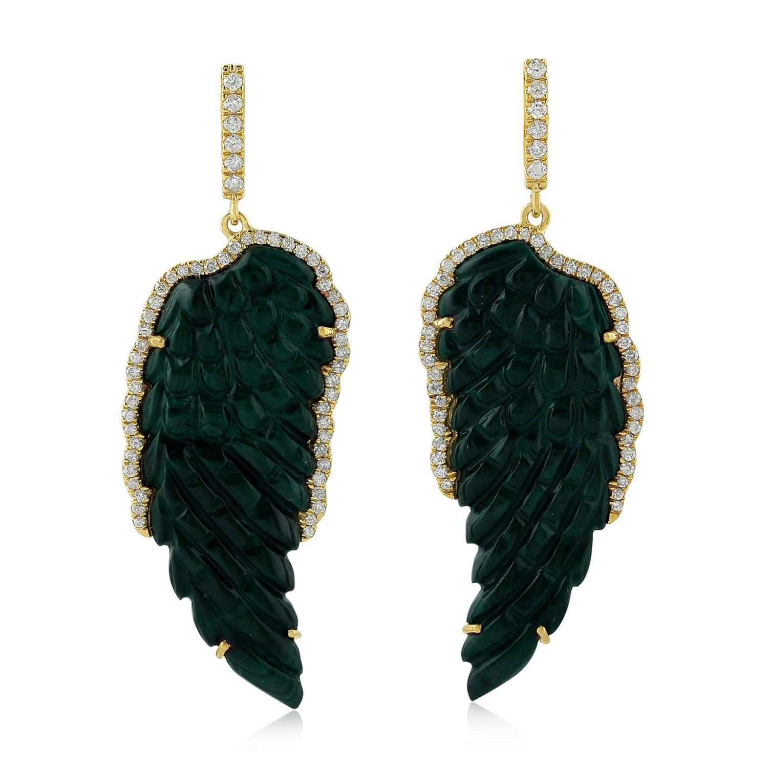 Mixed Cut Malachite Diamond 18 Karat Gold Feather Earrings For Sale
