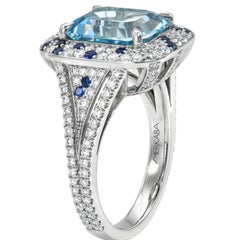 3.58ct Aquamarine Cushion Platinum Cocktail Ring, Sapphire & Diamonds  Merkaba