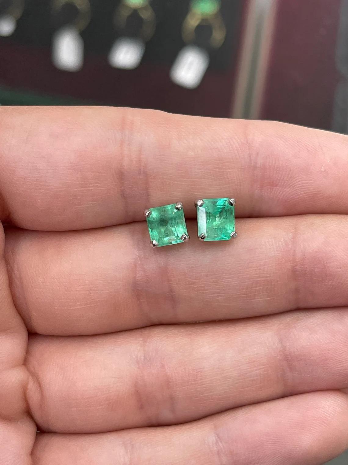 3.58tcw 14K Colombian Emerald-Asscher Cut Four Prong White Gold Stud Earrings In New Condition For Sale In Jupiter, FL