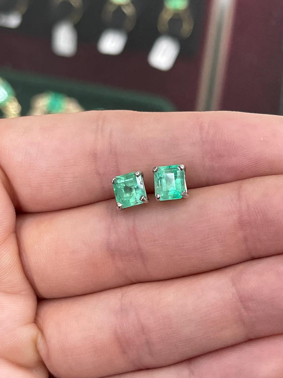 3.58tcw 14K Colombian Emerald-Asscher Cut Four Prong White Gold Stud Earrings For Sale 1