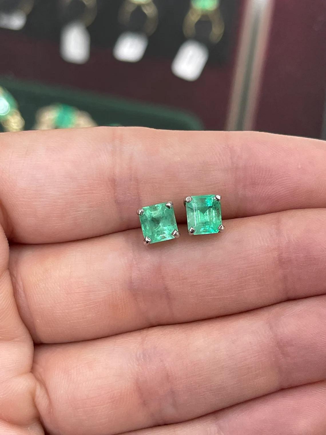3.58tcw 14K Colombian Emerald-Asscher Cut Four Prong White Gold Stud Earrings For Sale 2