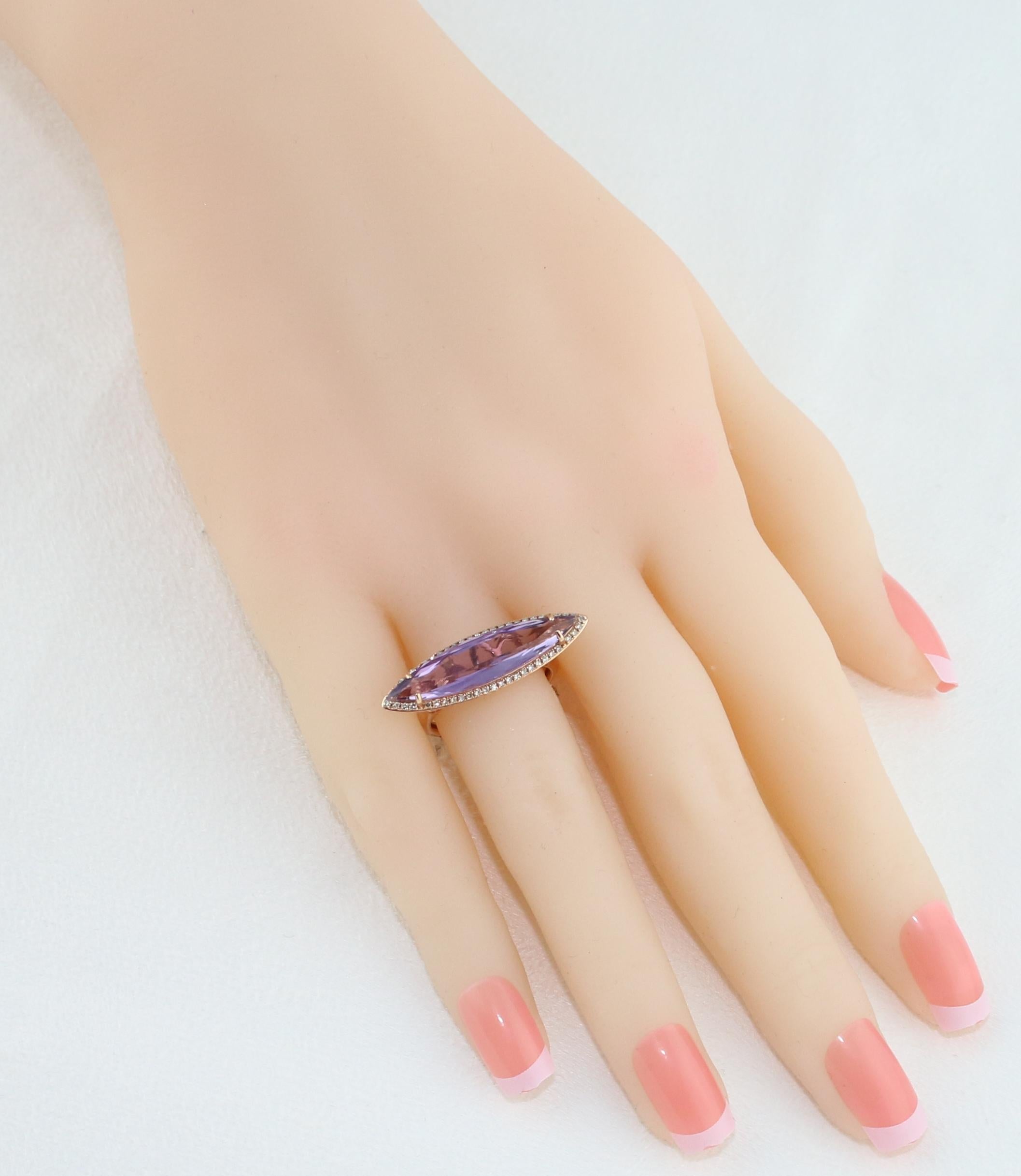 Modern 3.59 Carat Amethyst Marquise Diamond Gold Ring For Sale