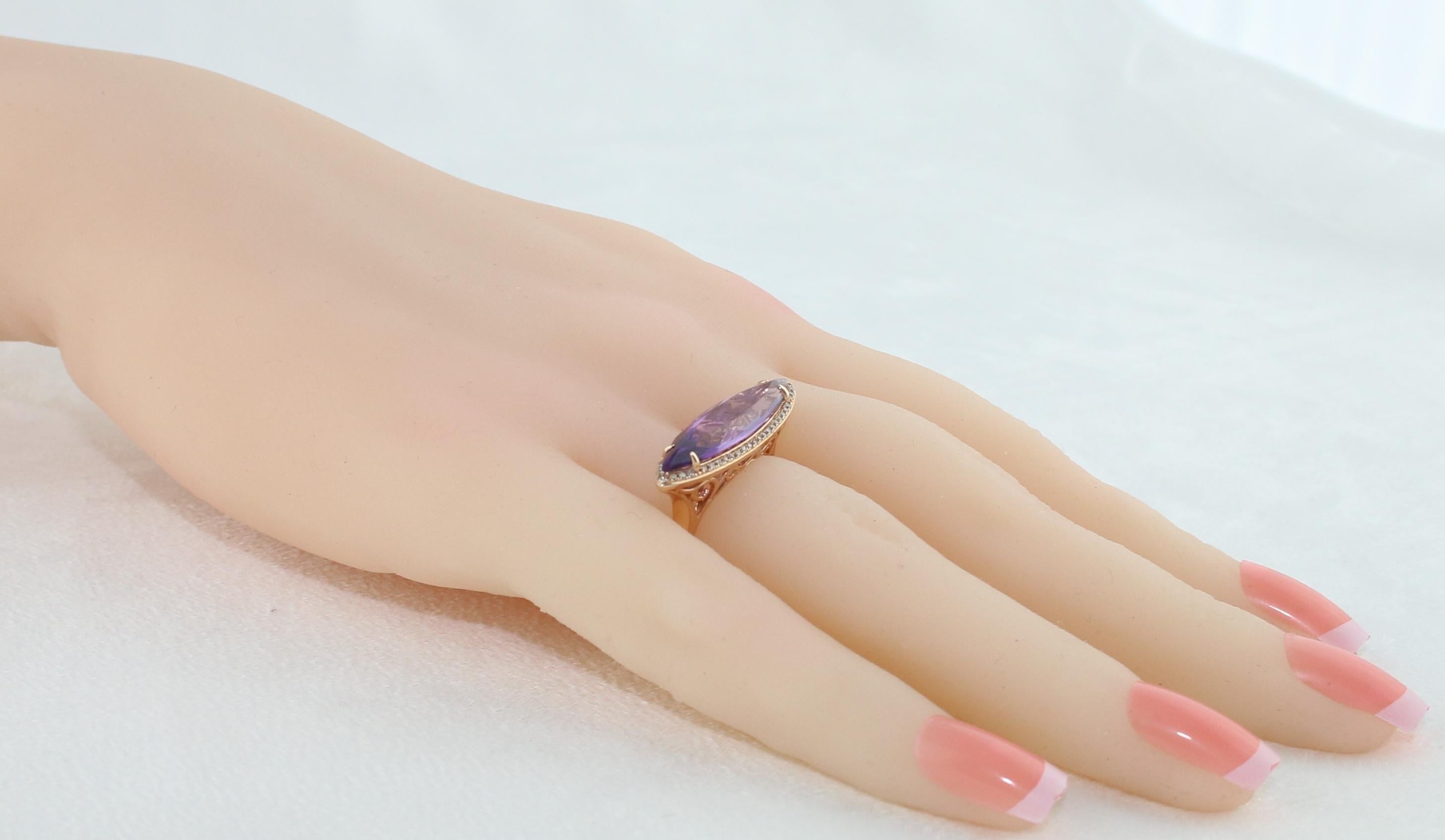 3.59 Carat Amethyst Marquise Diamond Gold Ring In New Condition For Sale In New York, NY