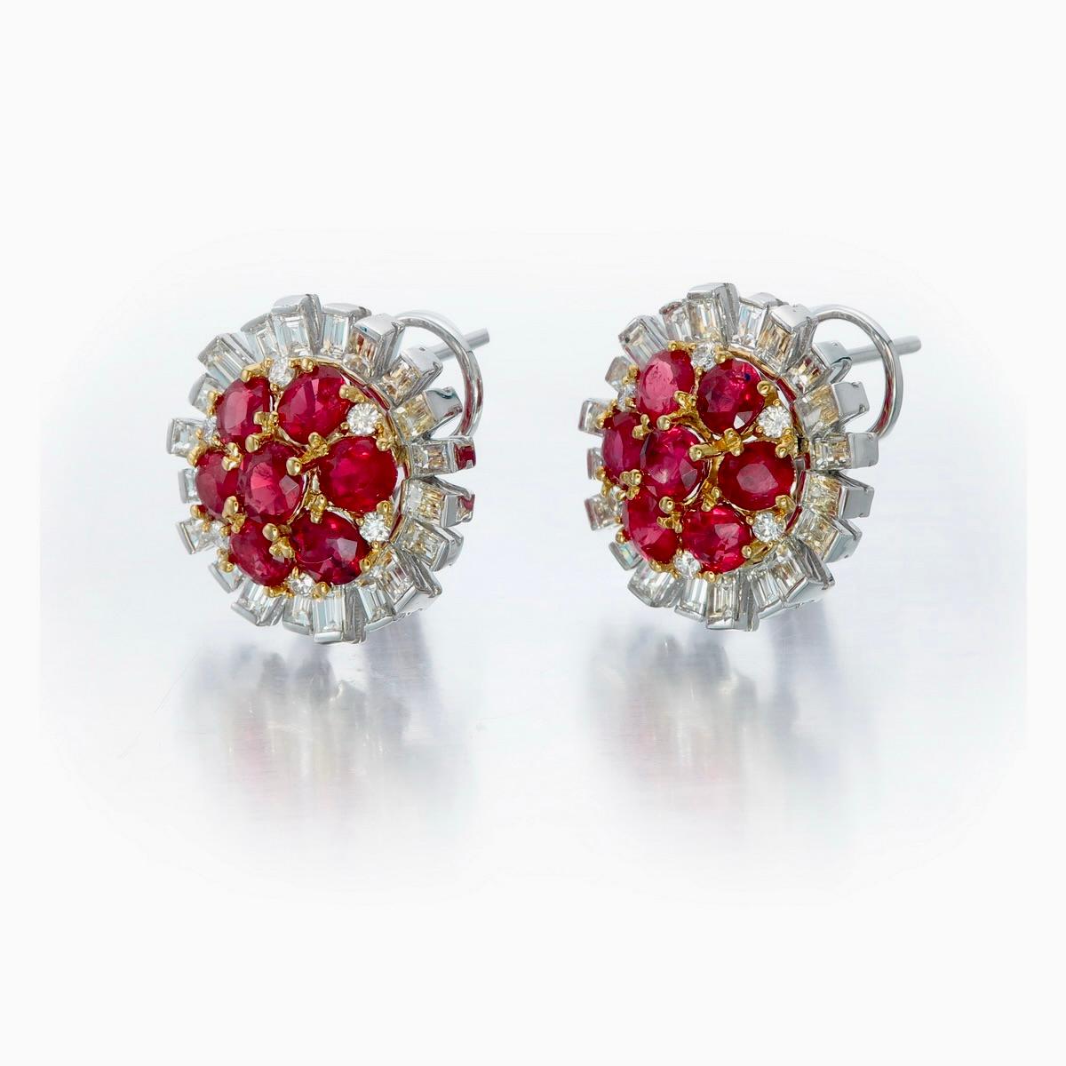 An elegant pair of  ruby and diamond earrings from Rewa Jewels is made in 18 karat white gold.

The centre is decorated in fourteen pieces of natural Burmese rubies, pigeon blood in colour weighing approximately total of 3.59 carats. Untreated