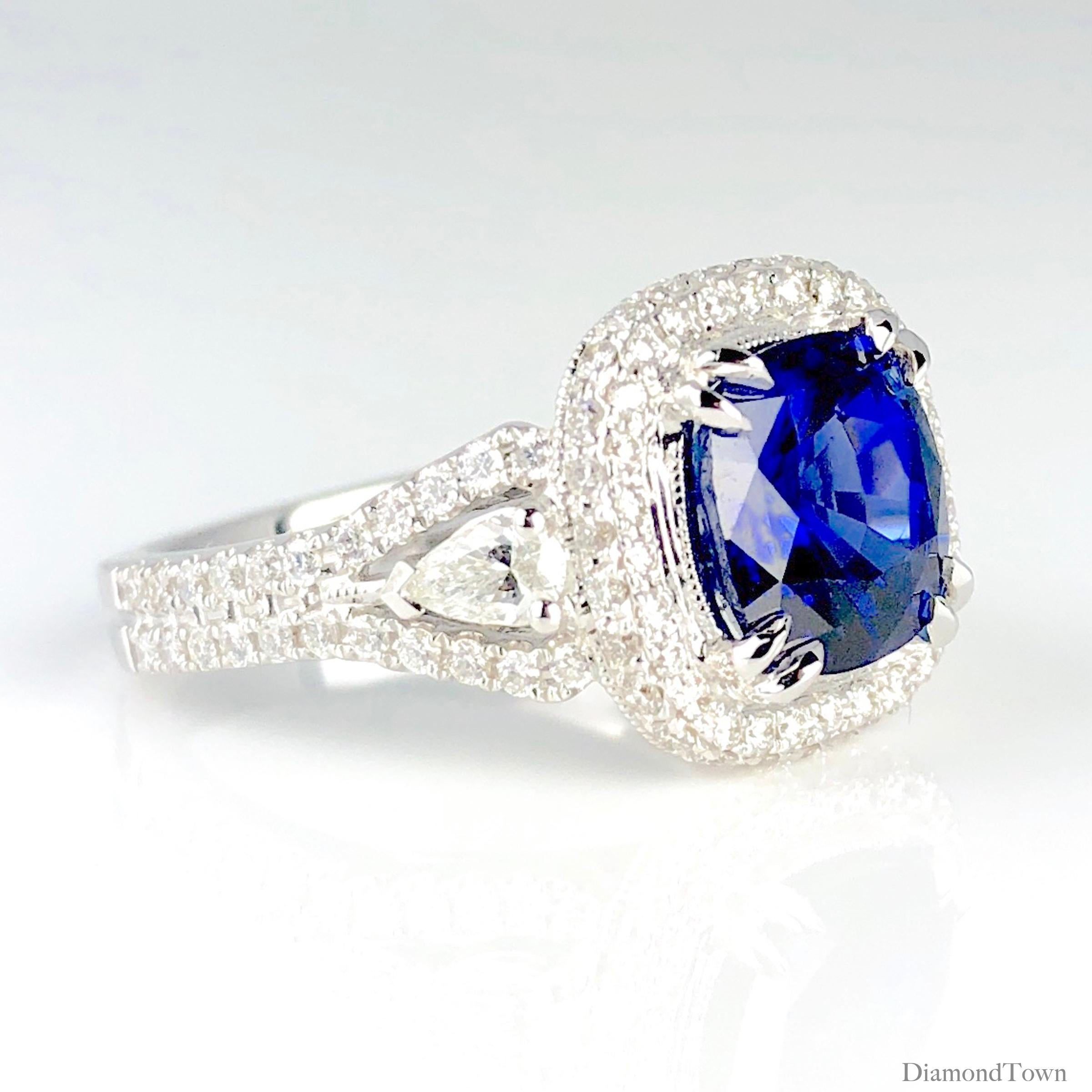 Contemporary GIA Certified 3.59 Carat Cushion Cut Blue Sapphire and Diamond Ring