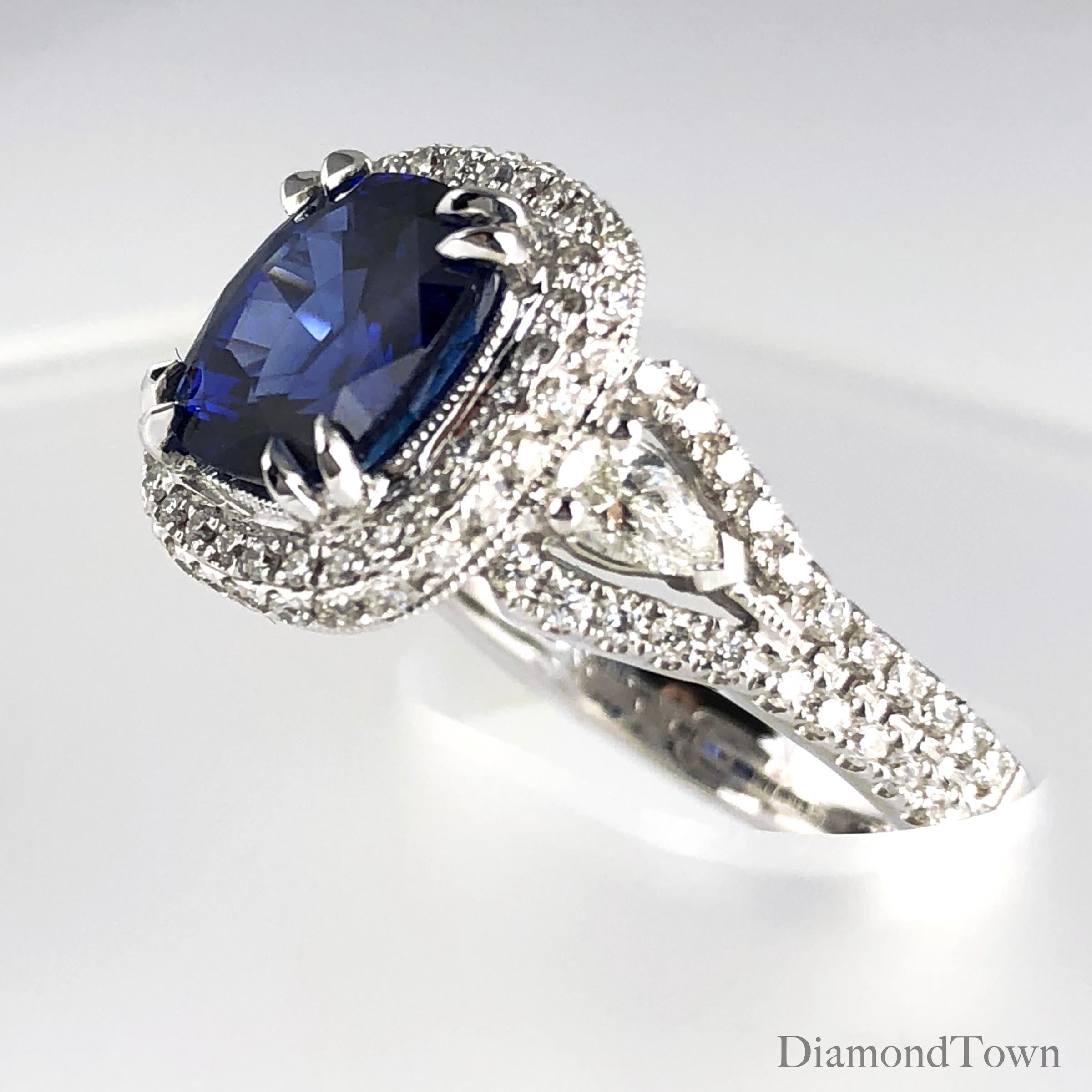GIA Certified 3.59 Carat Cushion Cut Blue Sapphire and Diamond Ring In New Condition In New York, NY