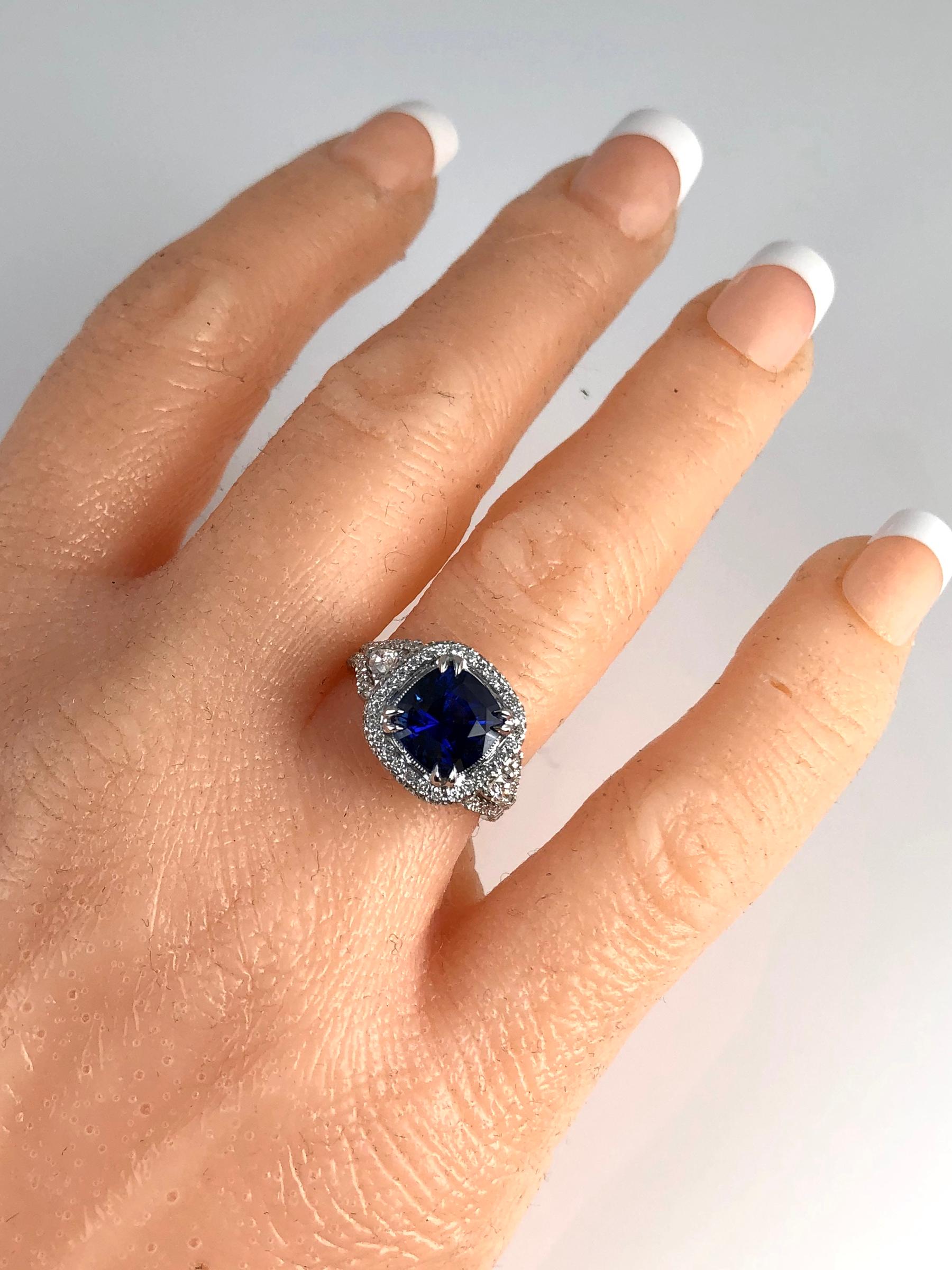 Women's GIA Certified 3.59 Carat Cushion Cut Blue Sapphire and Diamond Ring