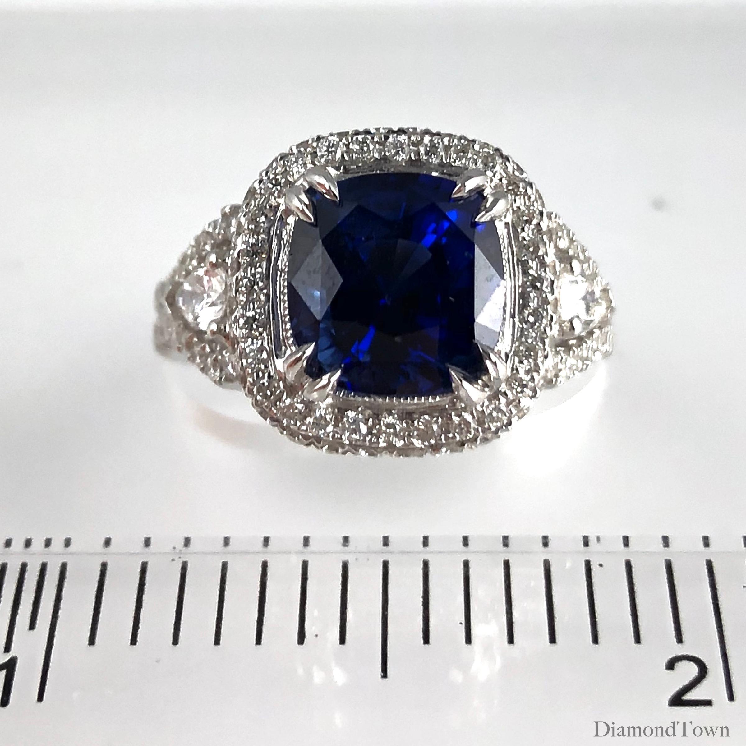 GIA Certified 3.59 Carat Cushion Cut Blue Sapphire and Diamond Ring 1