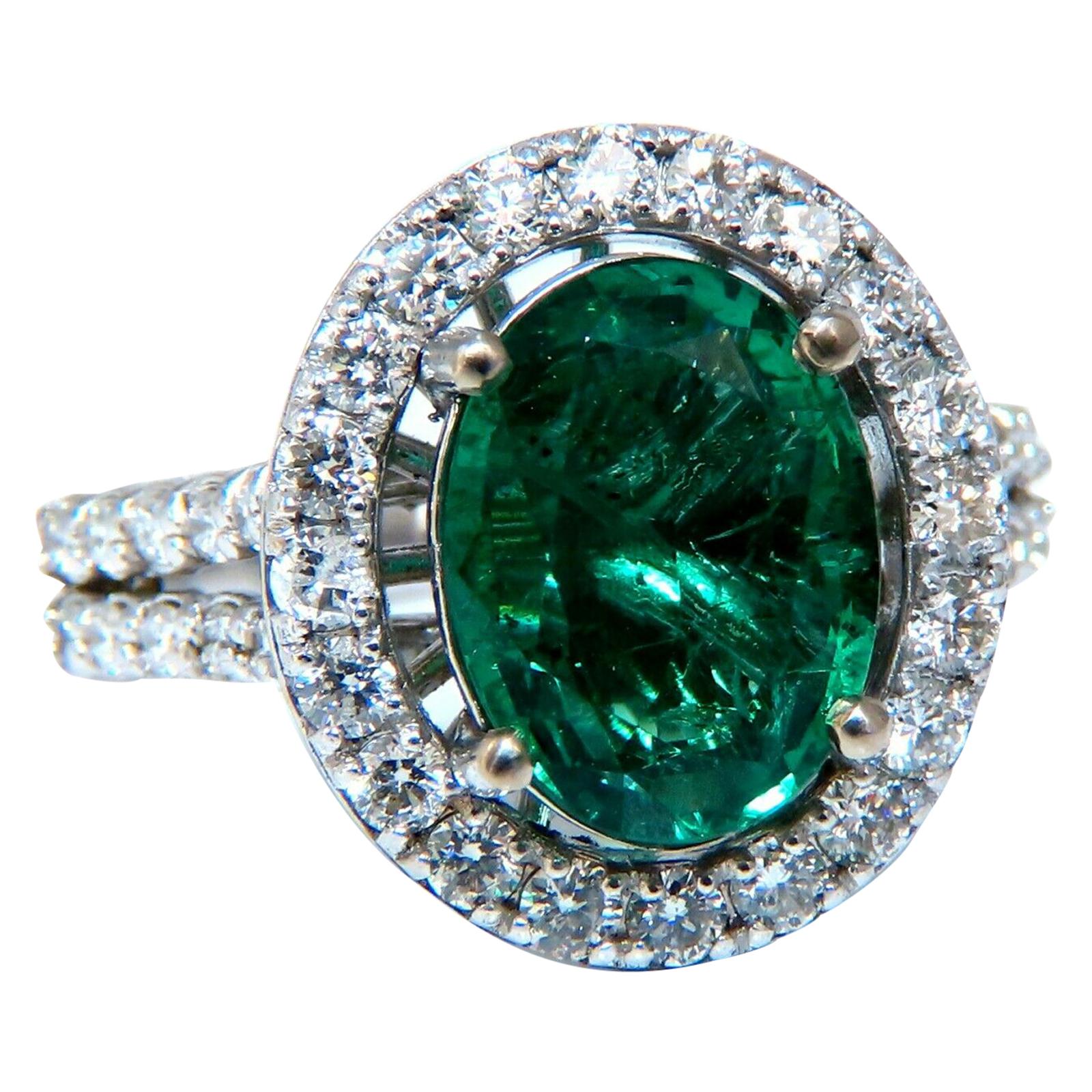 3.59 Carat Natural Vivid Green Emerald Diamonds Floating Halo Ring 14 Karat