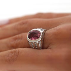 3.59 Carat Oval Pink Tourmaline and Baguette Diamond 18K White Gold Unisex Ring