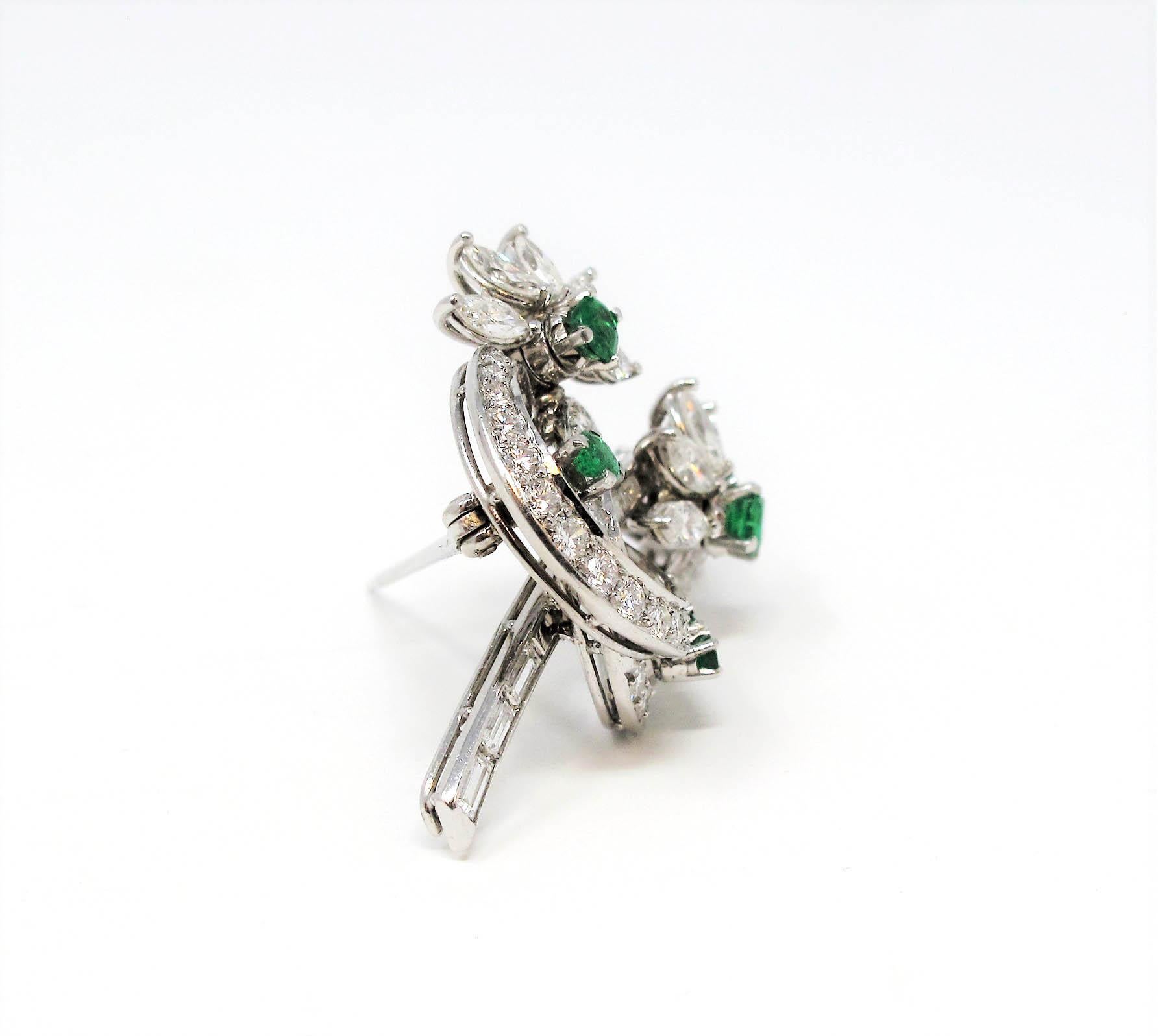 Round Cut Emerald and Multi Shape Diamond Swirling Design with Flowers Platinum Brooch For Sale