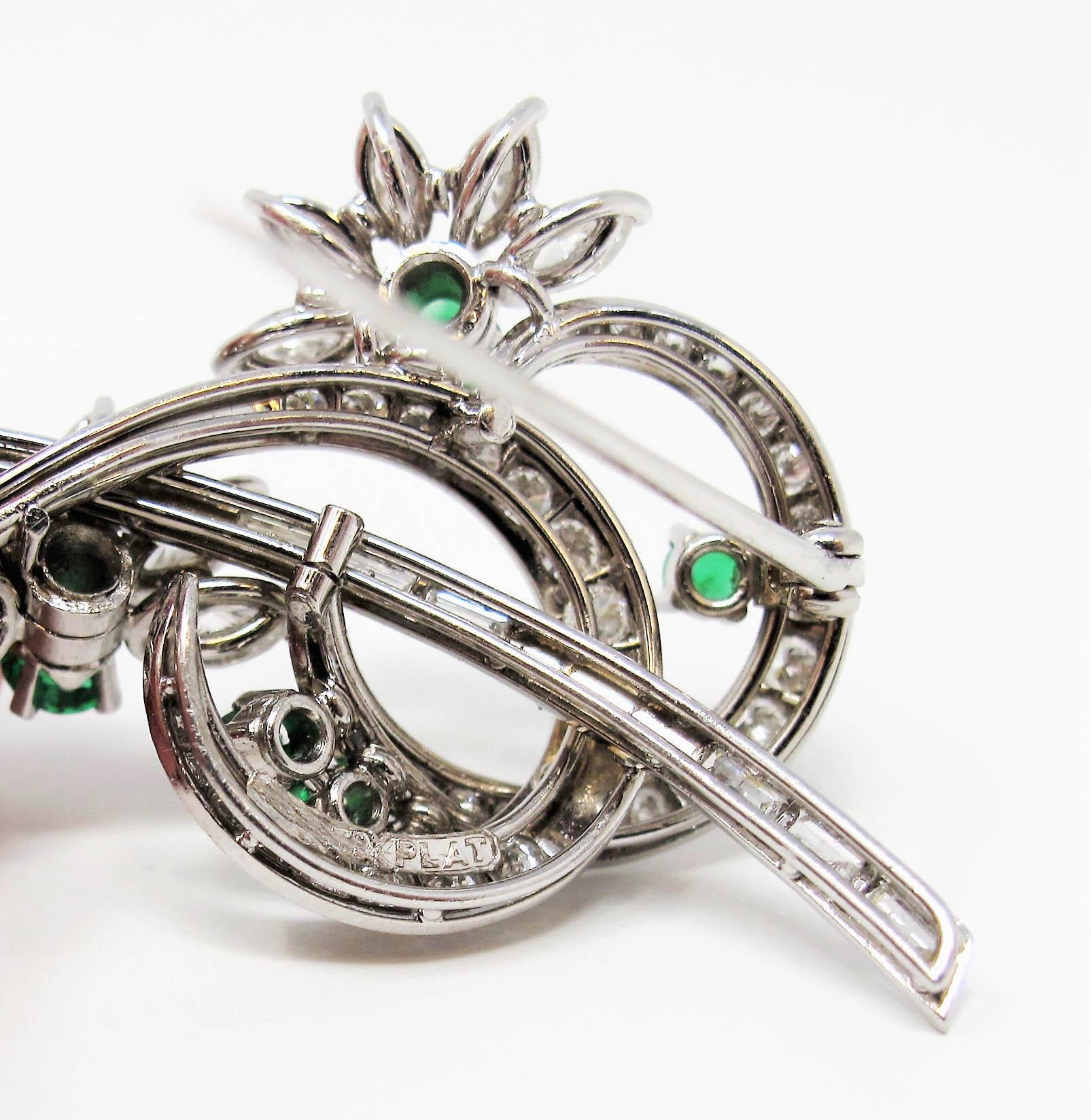 Emerald and Multi Shape Diamond Swirling Design with Flowers Platinum Brooch For Sale 2